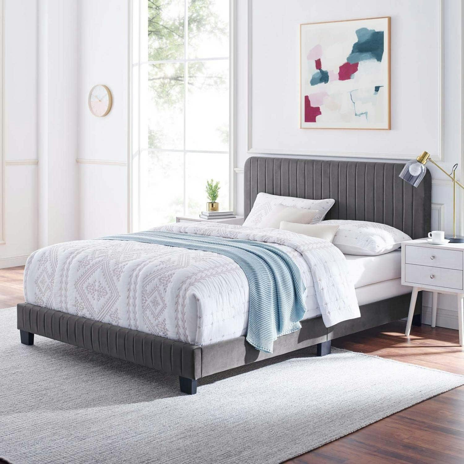 Luxurious Gray Velvet King Bed with Channel Tufted Headboard