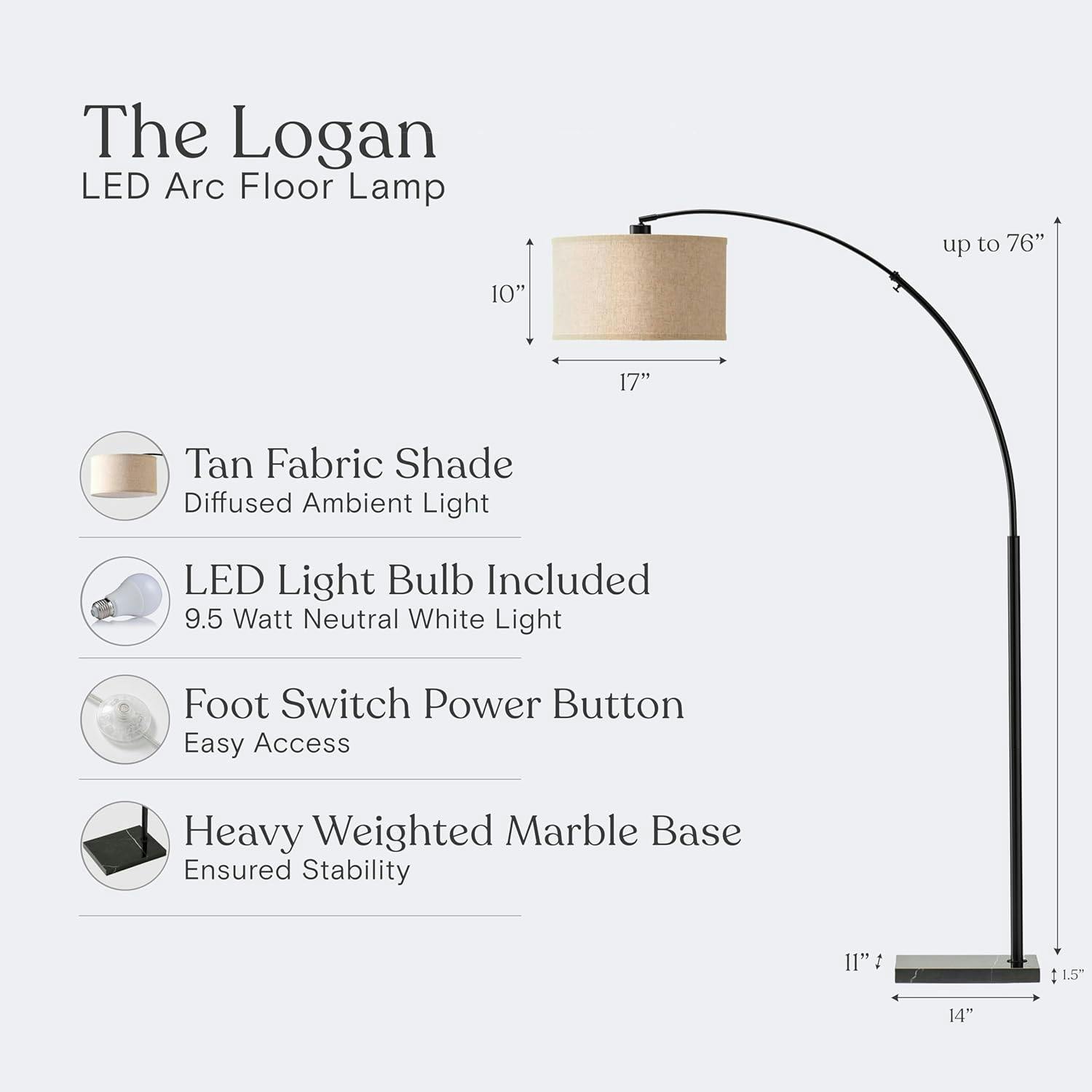 Logan Adjustable 76" Black LED Arc Floor Lamp with Beige Drum Shade