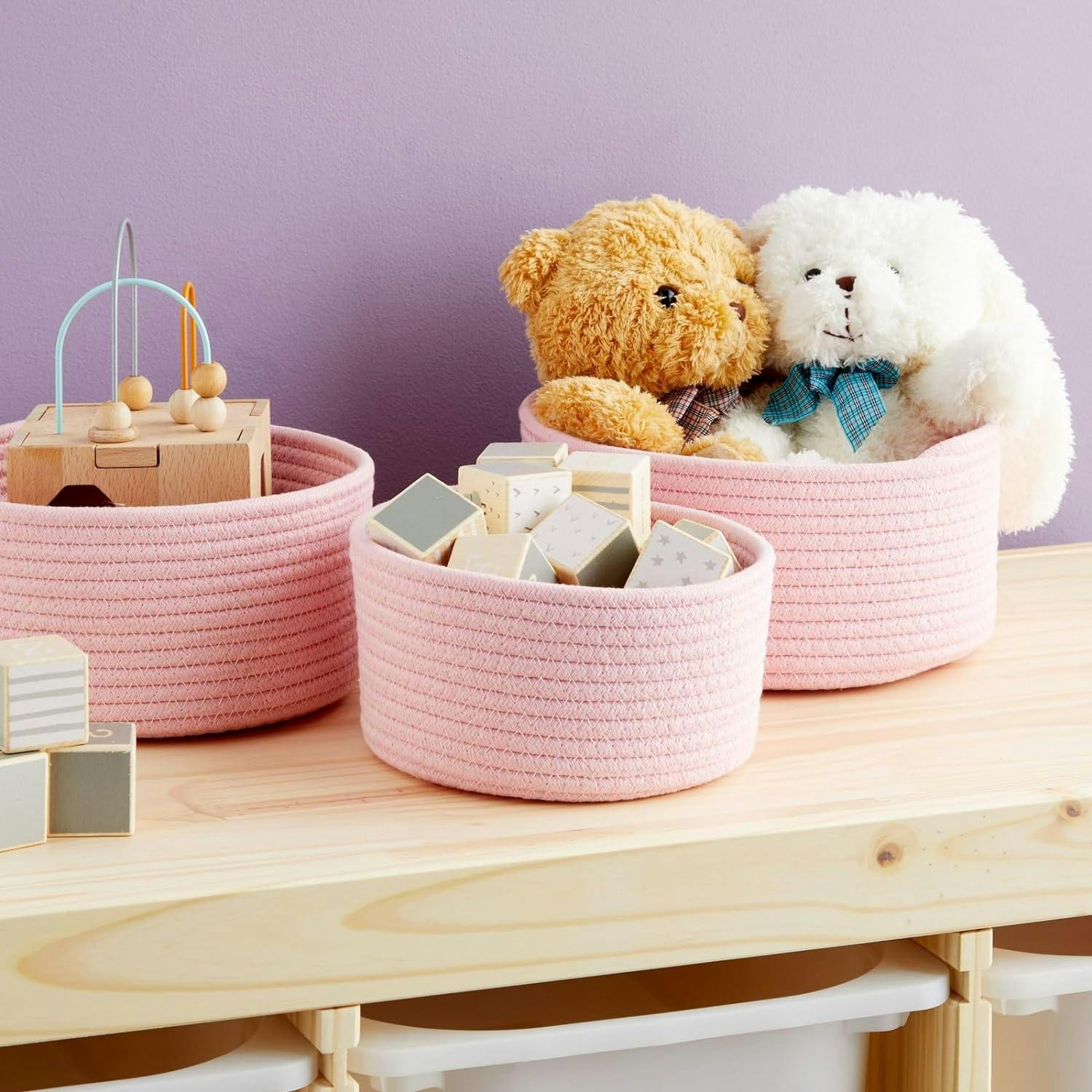 Elegant Pink Cotton Rope Woven Storage Basket Trio