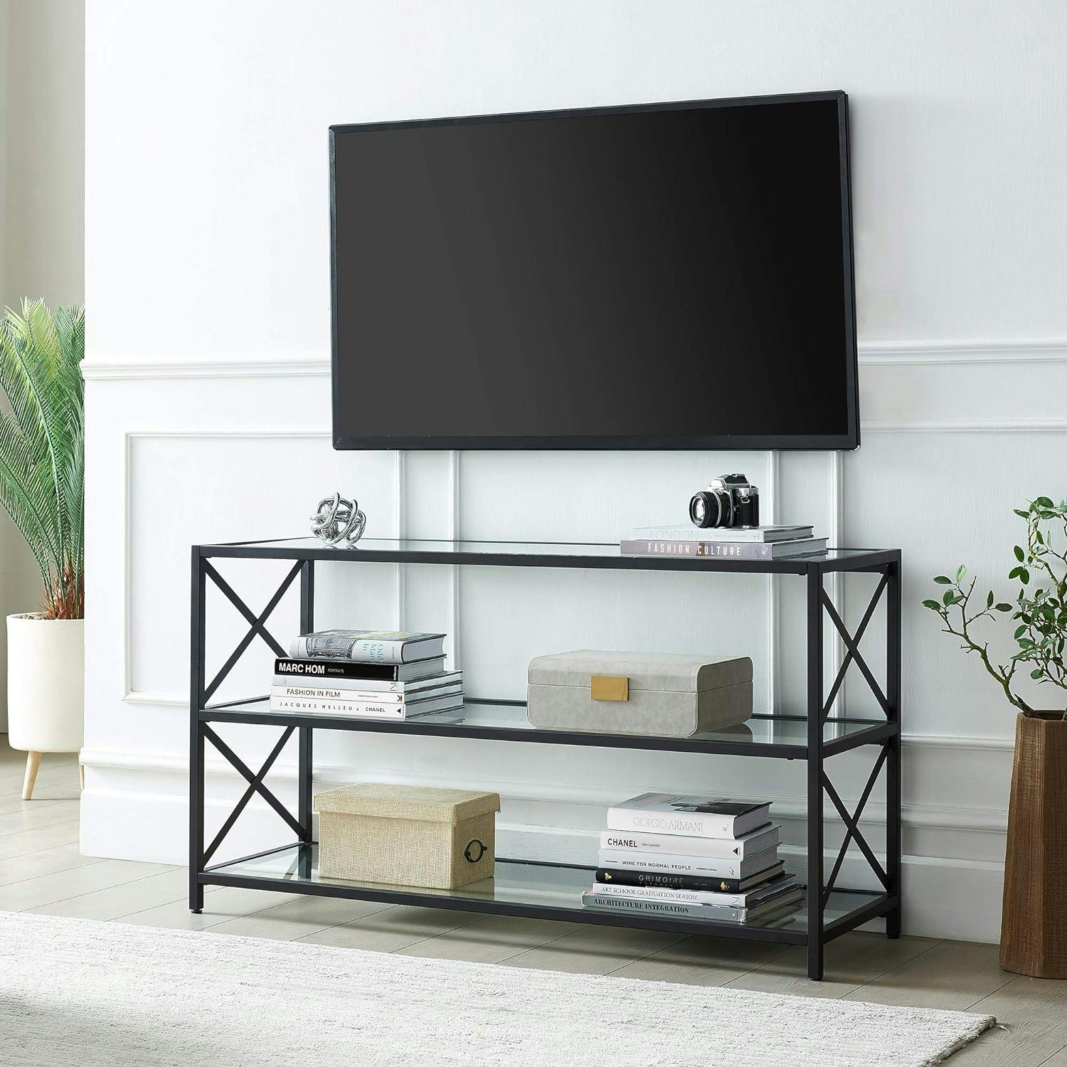 Hutton 50'' Blackened Bronze Modern Metal TV Stand with Glass Shelves