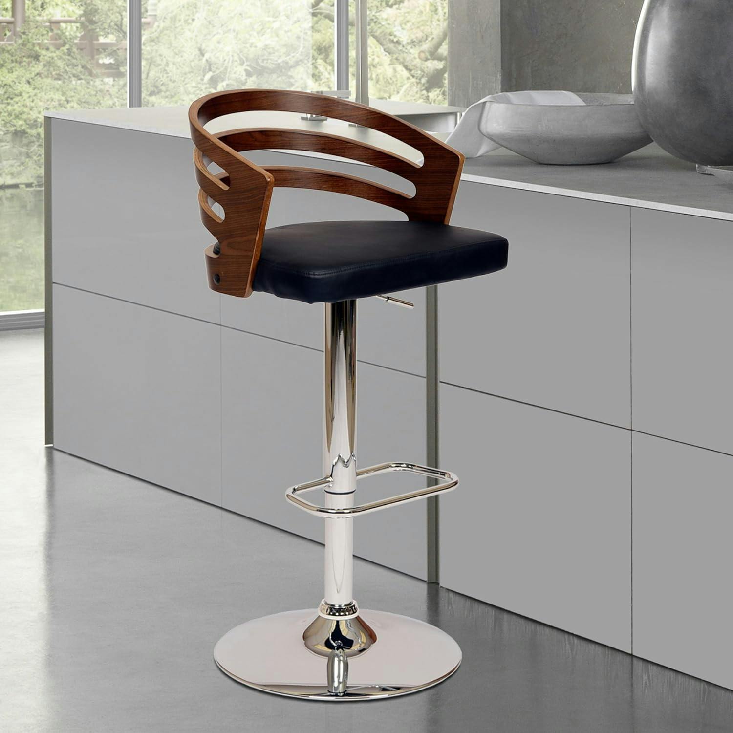 Contemporary Black Leather Swivel Barstool with Chrome and Walnut Accents