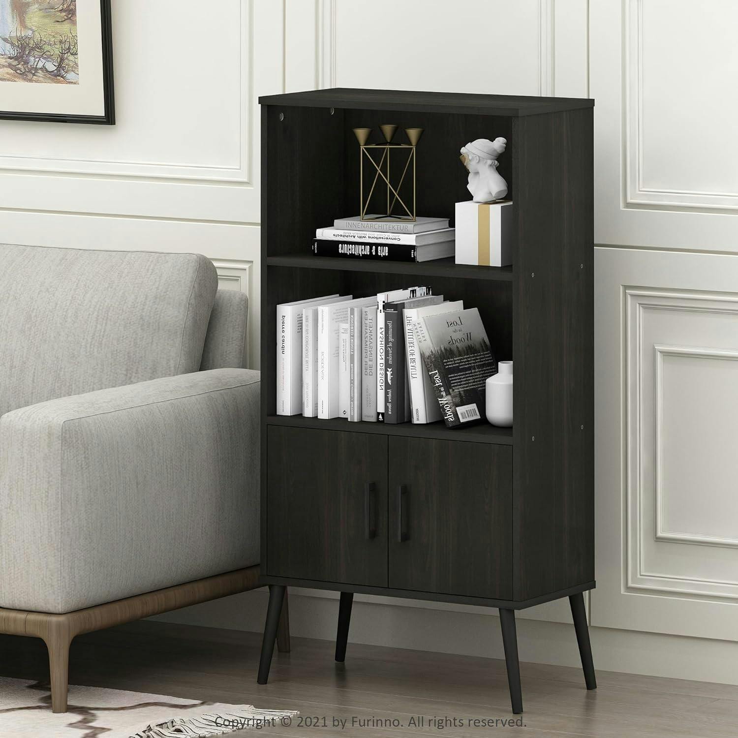 Furinno Claude Mid-Century Espresso Bookcase Cabinet with Pine Legs