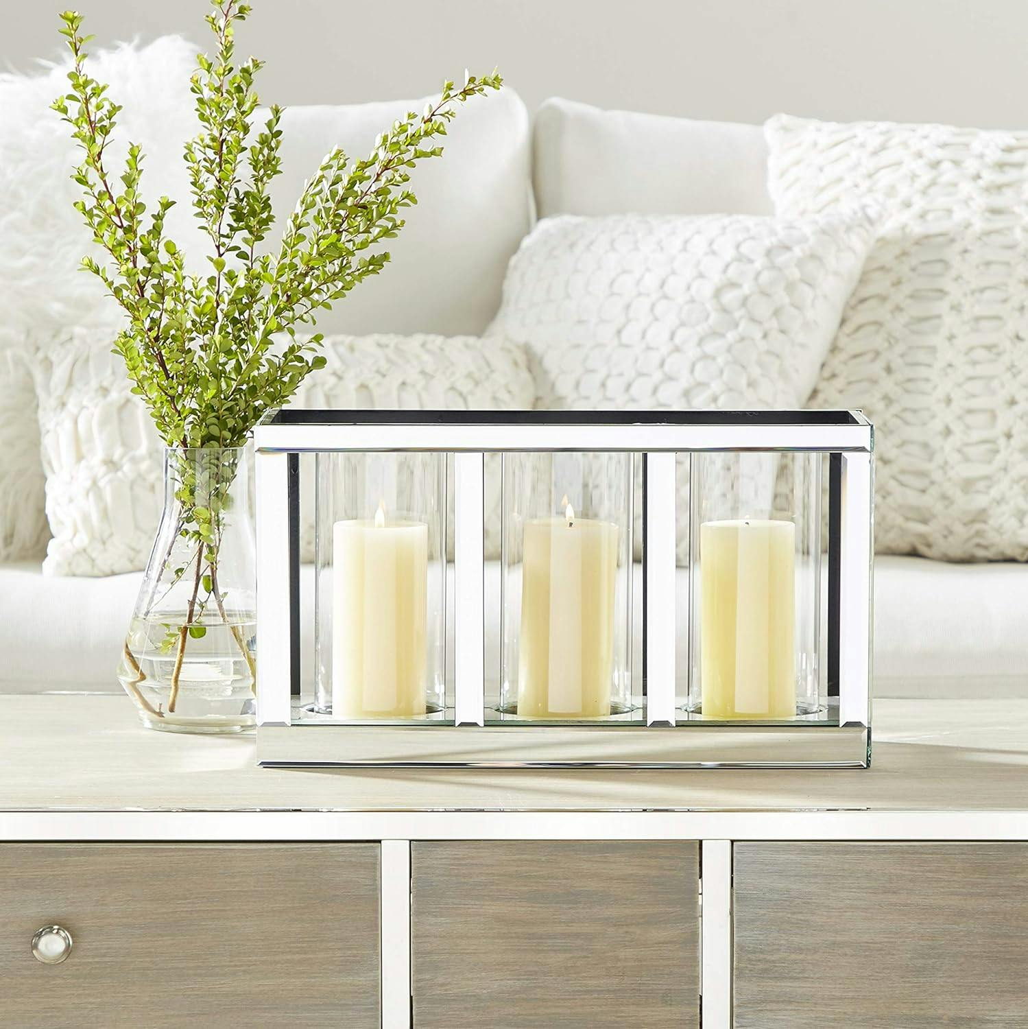 Elegant Mirrored Glass 3-Pillar Candle Lantern in Silver - 18"x10"