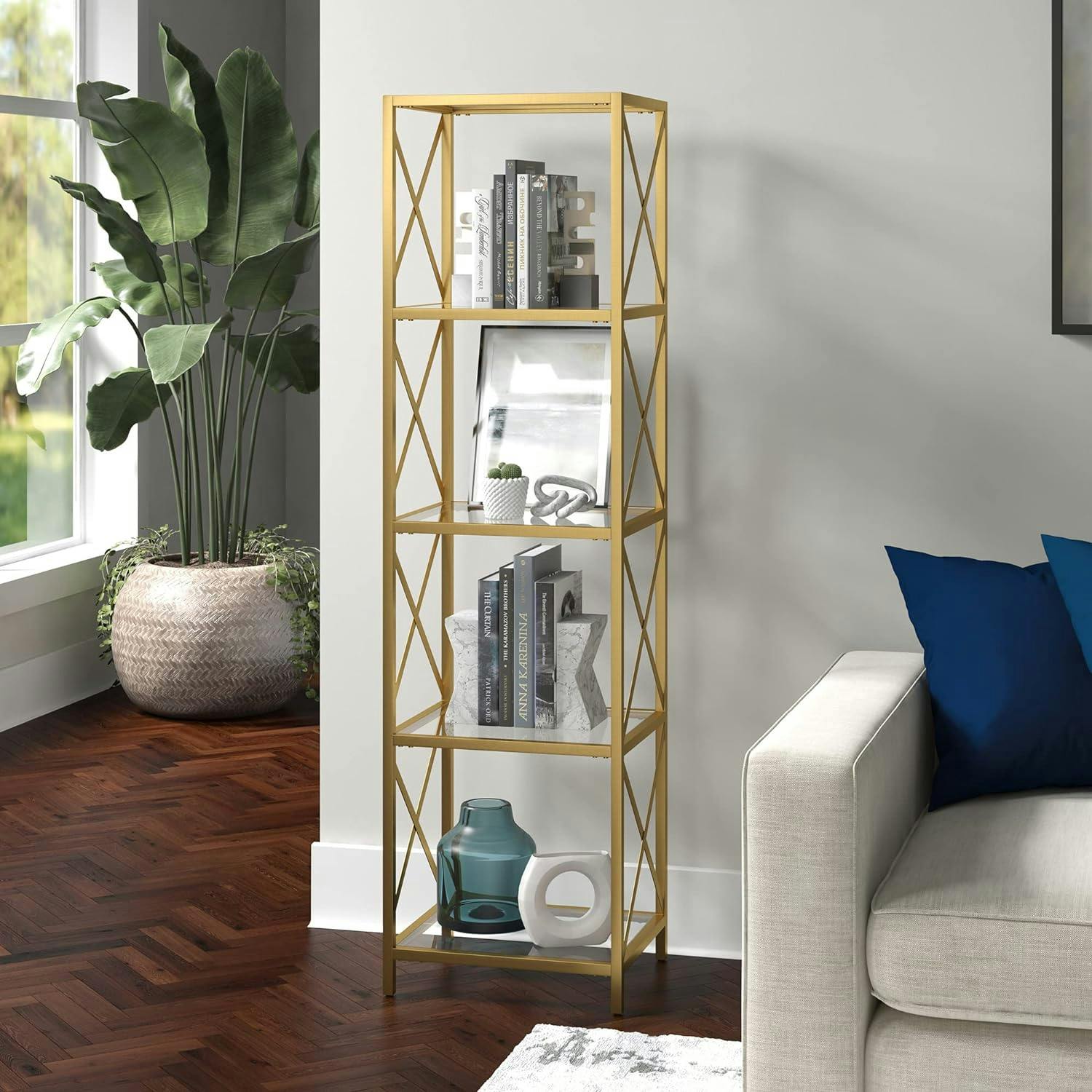 Modern Geometric 66" Brass Steel Bookcase with Tempered Glass Shelves