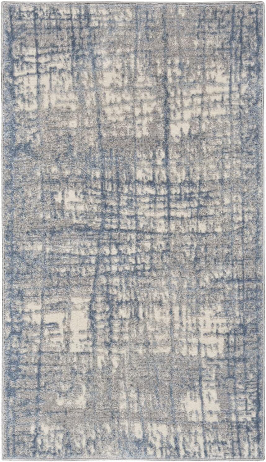 Ivory Blue Abstract Handmade Viscose Area Rug, 3'2" x 5'