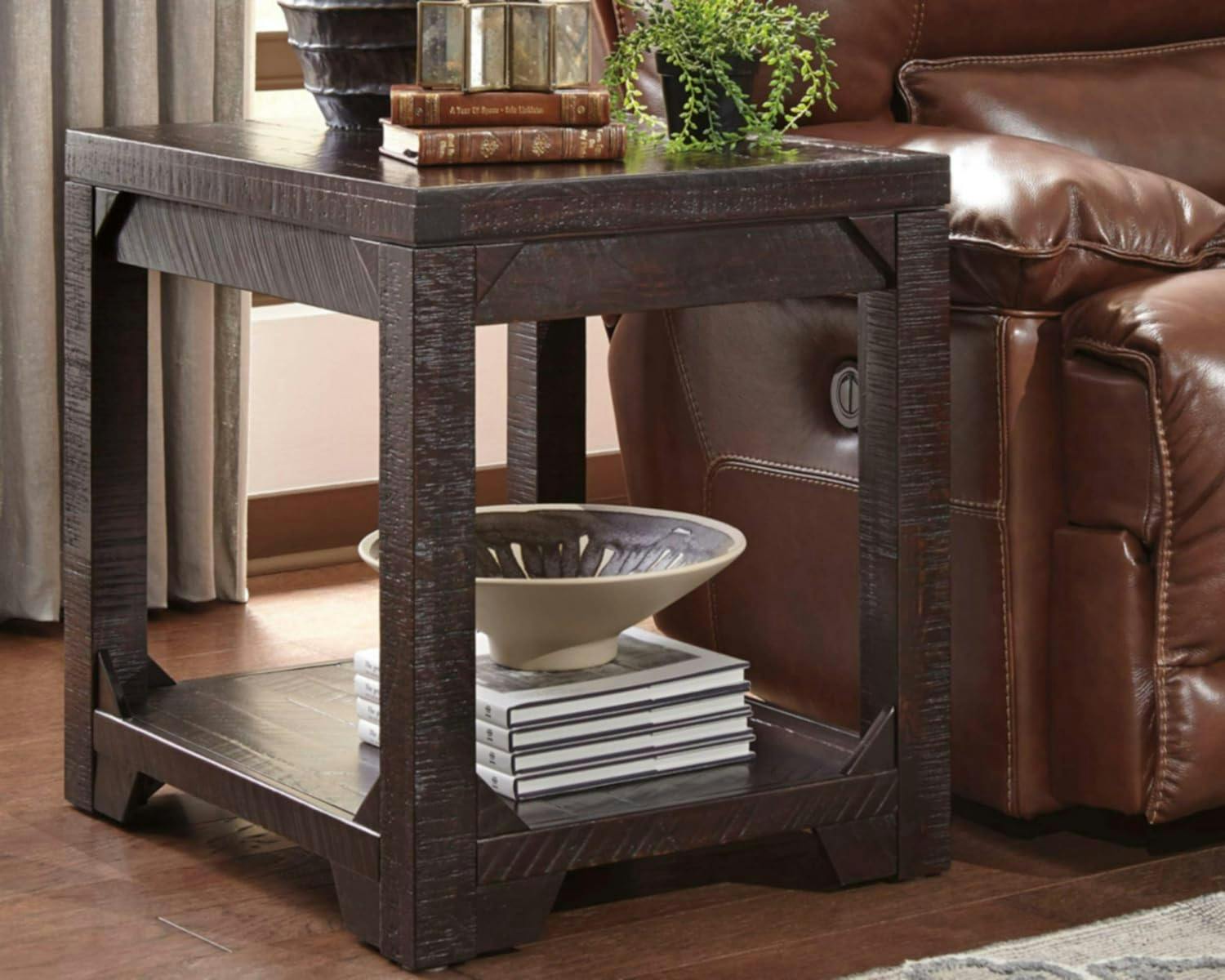 Rogness Rustic Rectangular End Table with Storage, Dark Brown