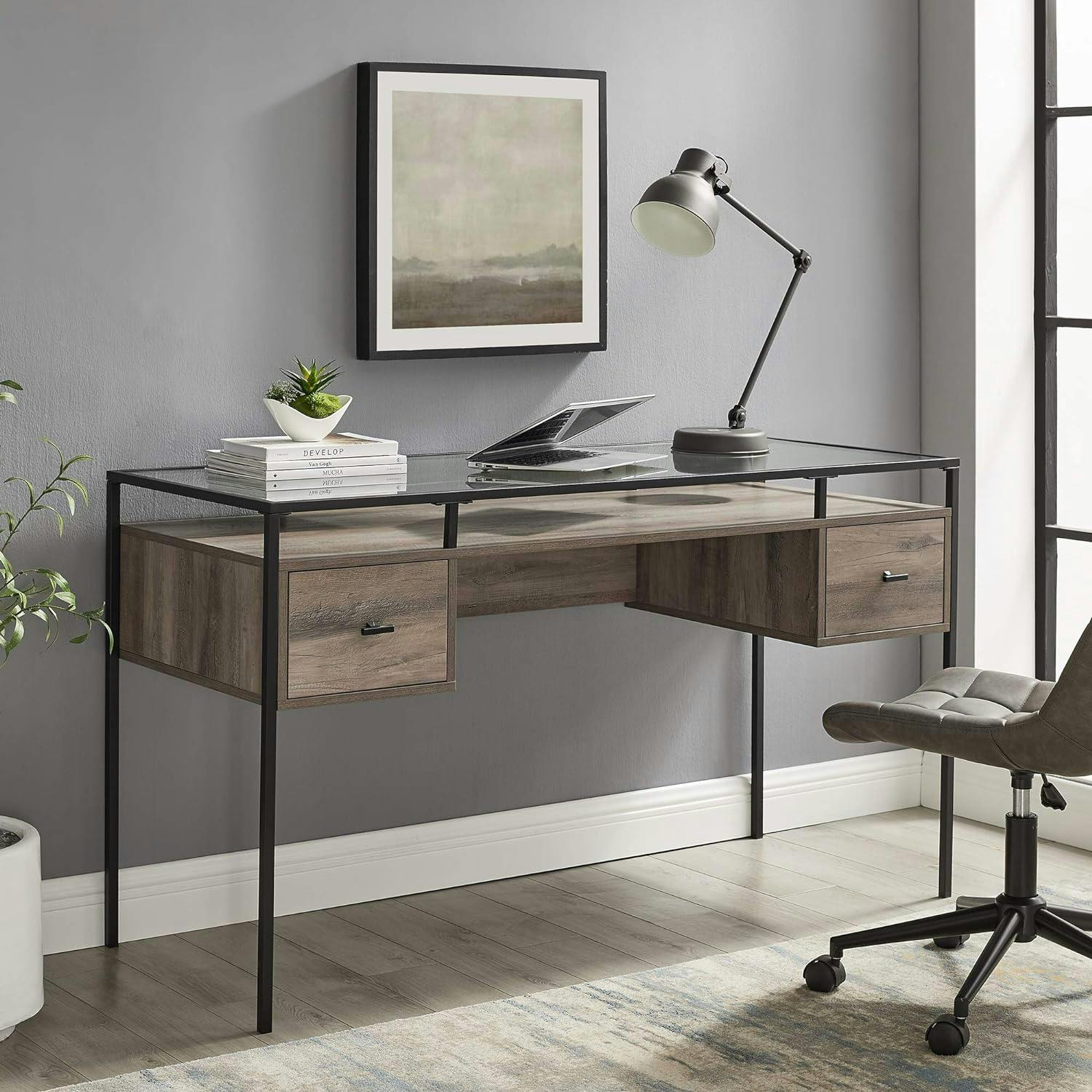 Grey Wash 56" Modern Glass Top Writing Desk with Drawers