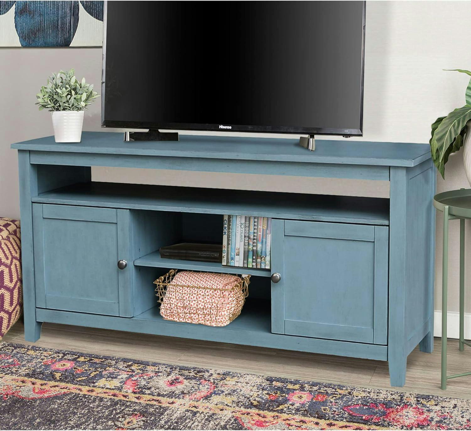 Ocean Blue Solid Wood 60" Entertainment TV Stand with Cabinet