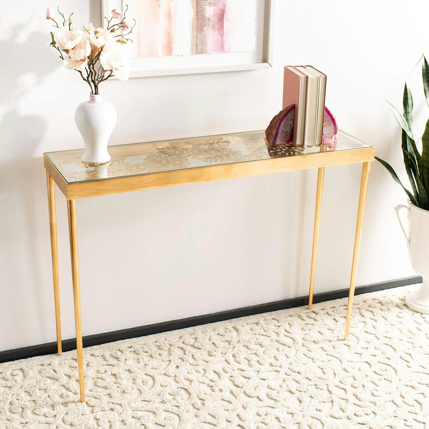 Ethereal Gold Leaf Palm Leaf Rectangular Glass Console Table
