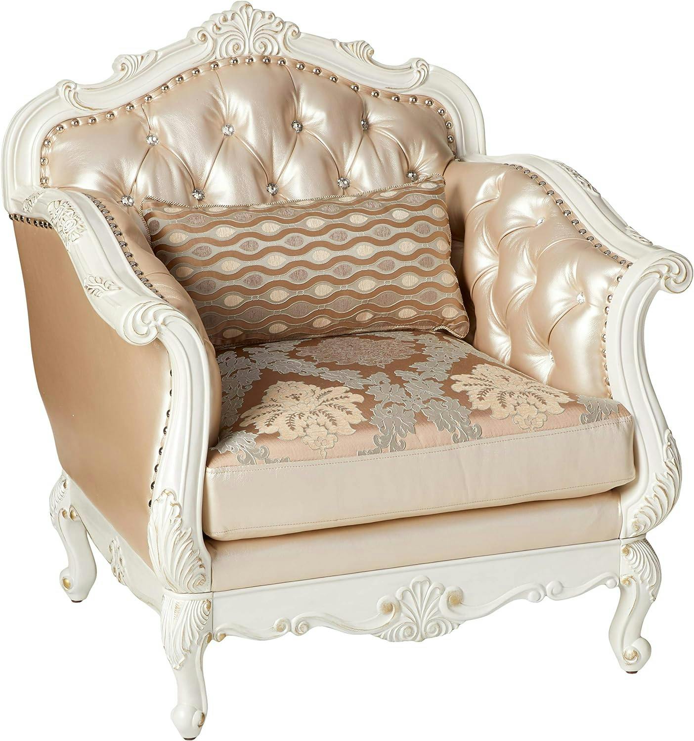 Pearl White Floral Faux Leather Accent Chair with Wood Accents