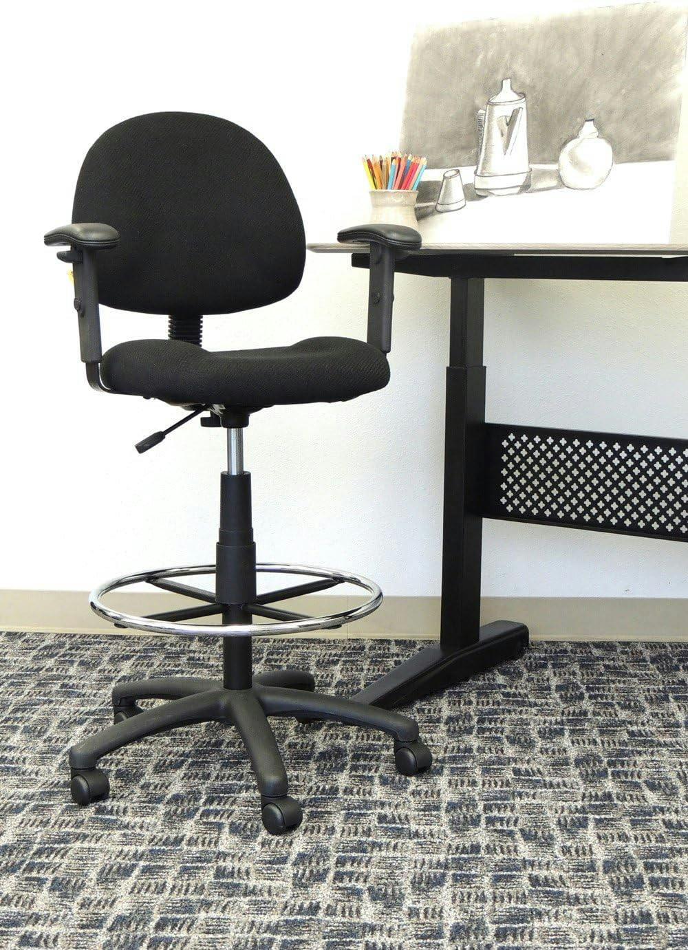 ErgoComfort Black Tweed Drafting Stool with Adjustable Arms and Chrome Footring