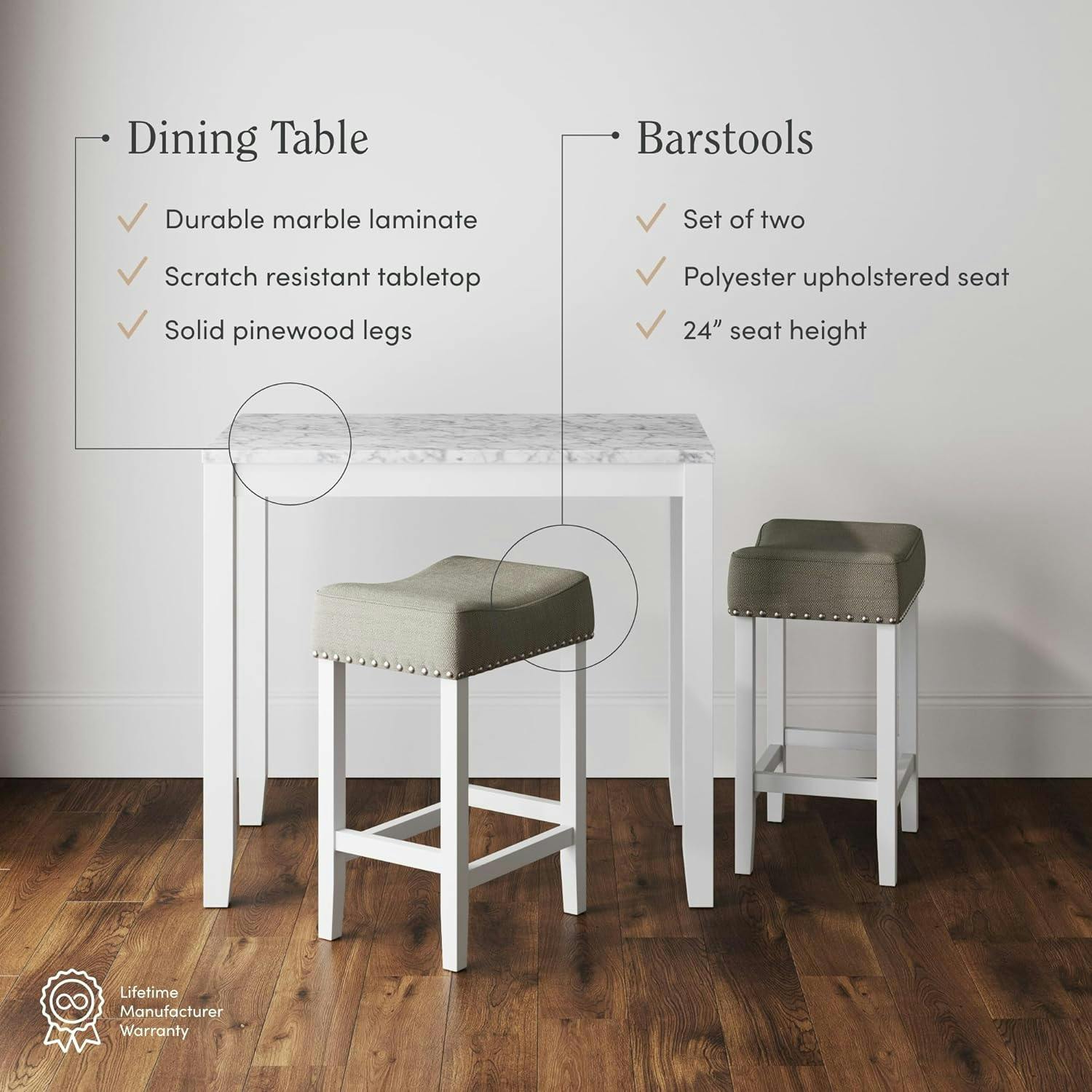 Elegant Marble-Top Bistro Dining Set with Light Gray Fabric Chairs