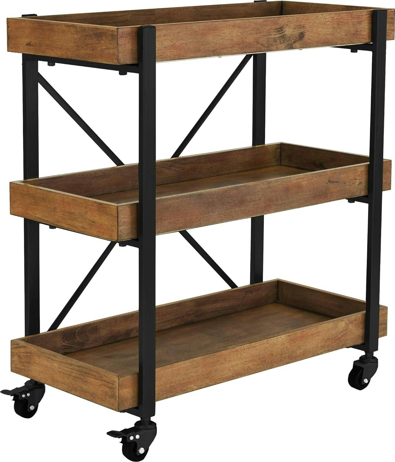 Riley Modern 3-Tier Rolling Bar Cart with Matte Black and Medium Brown Wood Finish