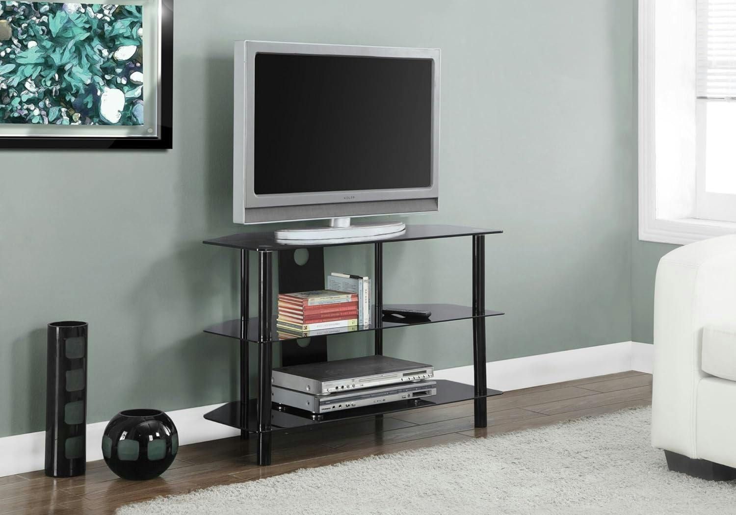 Sleek 36" Black Metal TV Stand with Tempered Glass Shelves