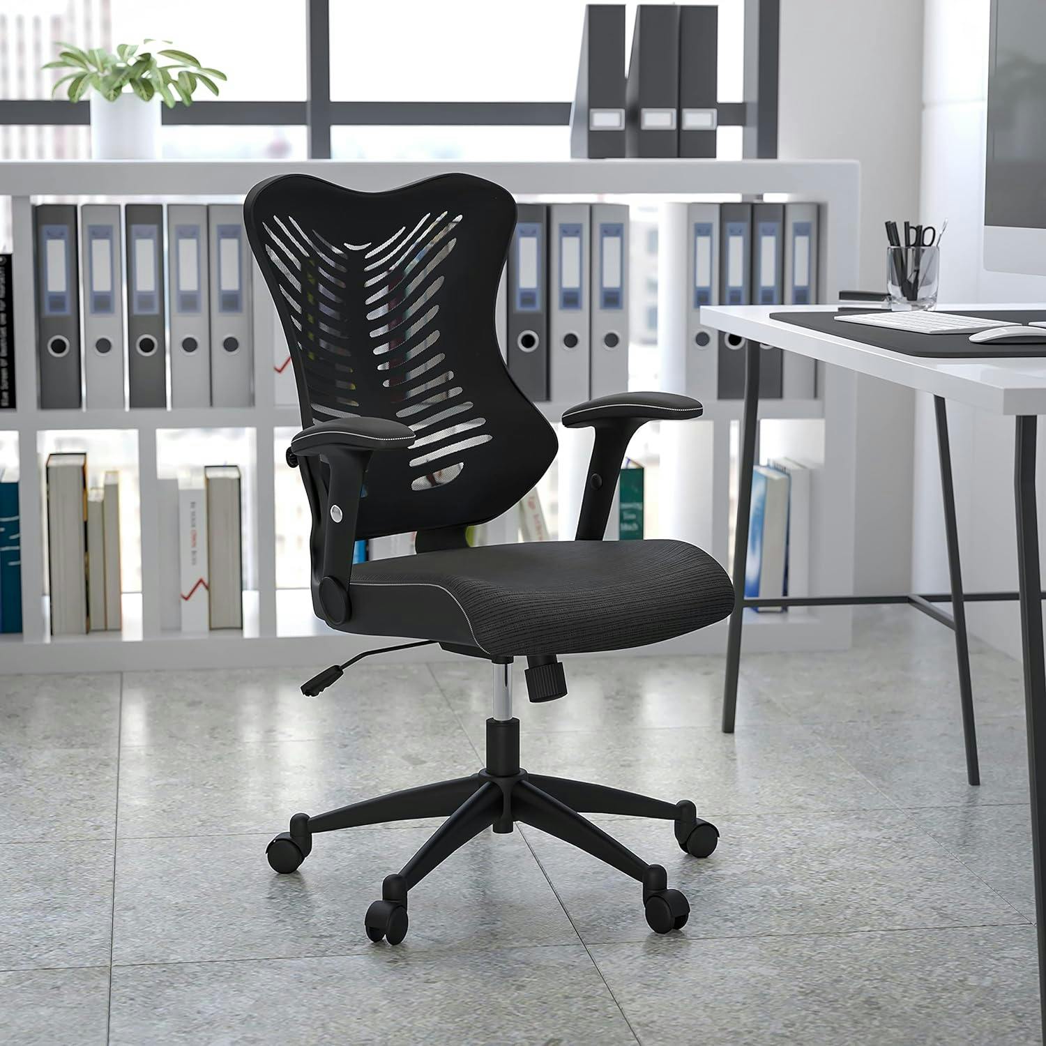 Contemporary High-Back Black Mesh & Leather Executive Office Chair with Adjustable Arms