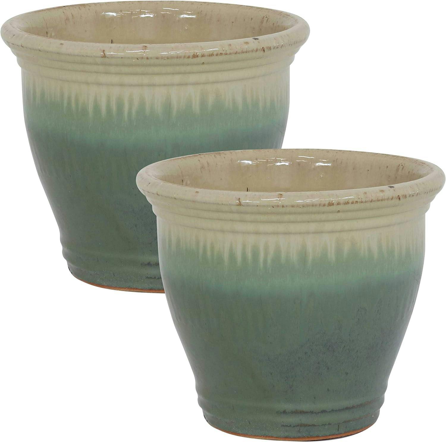 Seafoam High-Fired Glazed Ceramic Planter Duo with Drainage, 11-Inch