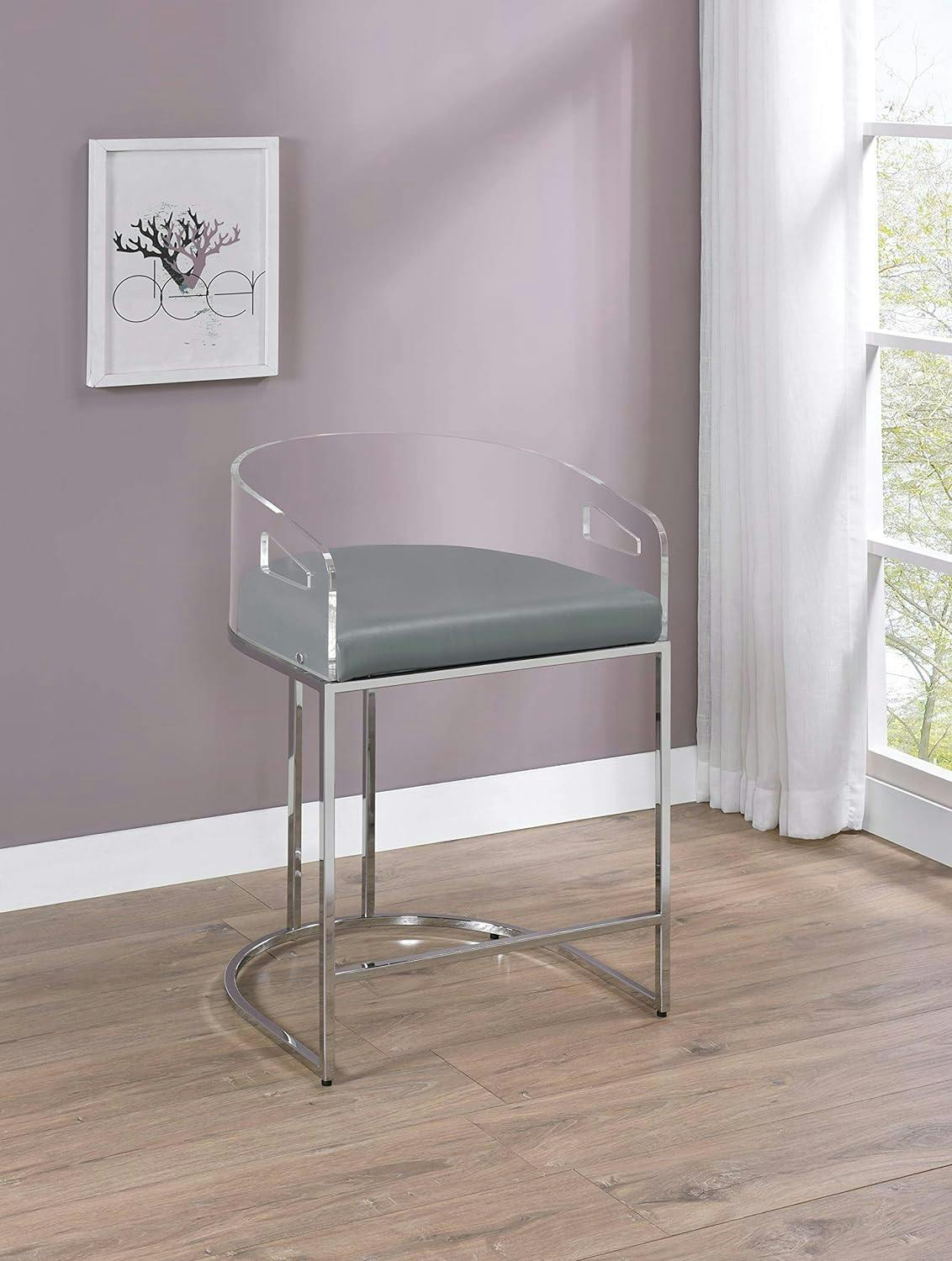 Transitional Thermosolis Counter Stools with Acrylic Back, Grey and Chrome