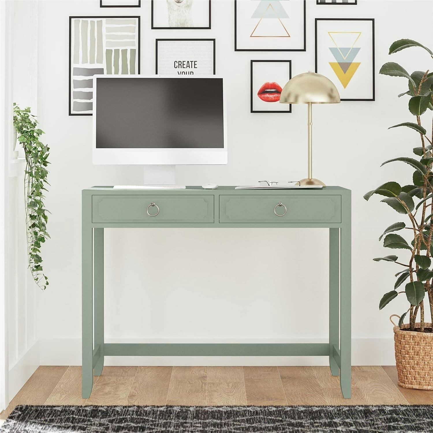 Elegant Pale Green 2-Drawer Writing Desk with Real Wood Legs