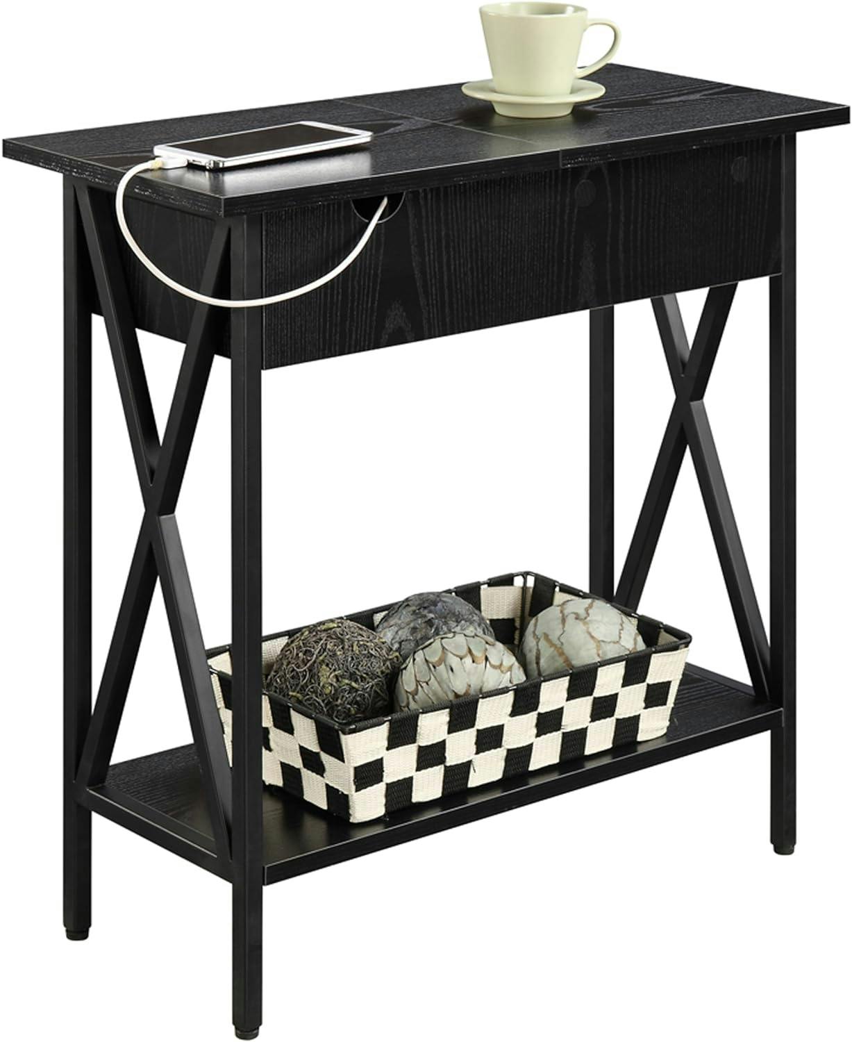 Tucson Black Wood and Metal Flip-Top End Table with Charging Station