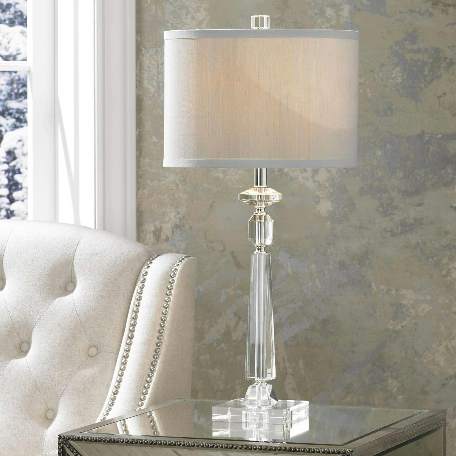 Geometric Crystal Column Table Lamps with Gray Drum Shade - Set of 2