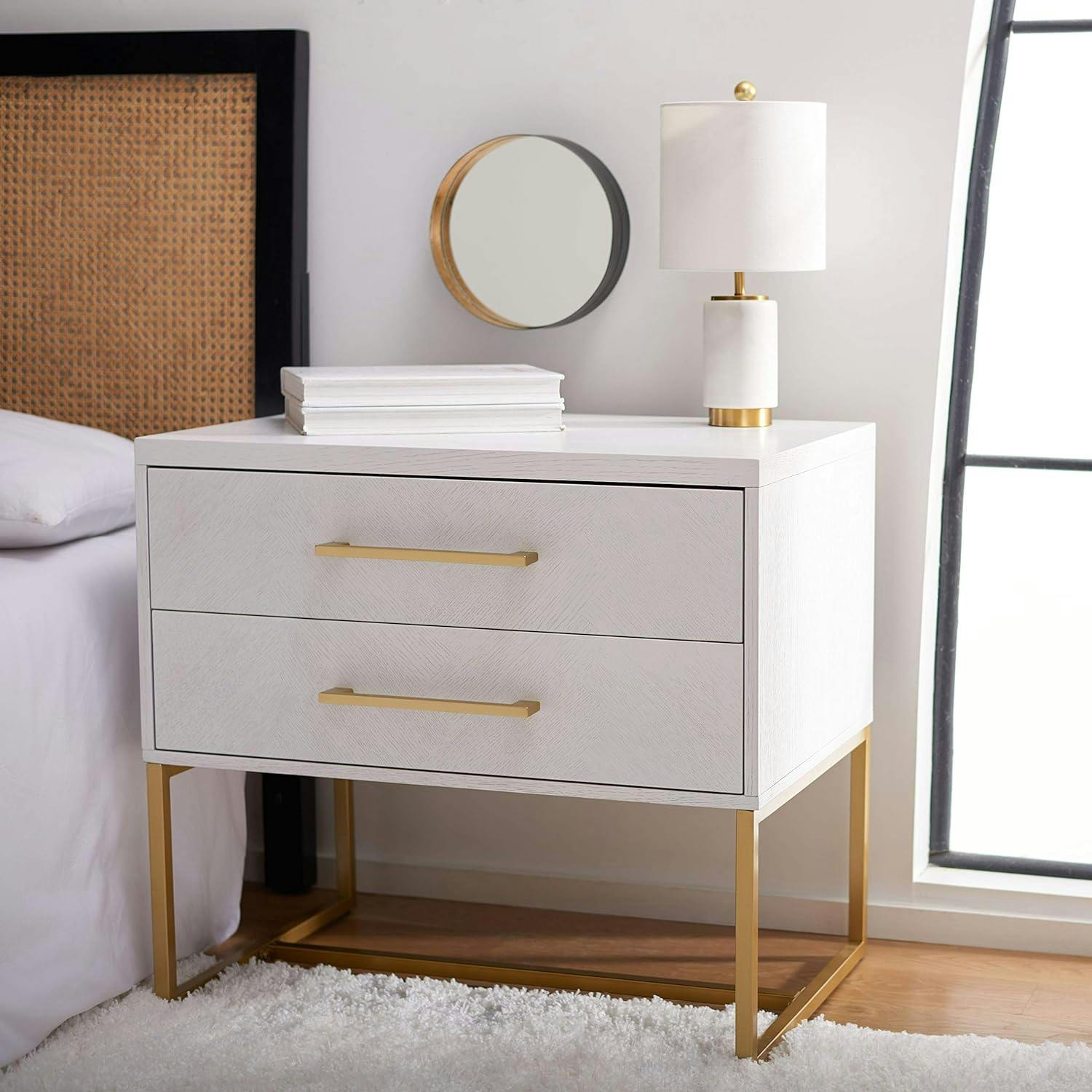 Estelle 36" White Contemporary 2-Drawer Nightstand with Brass Accents