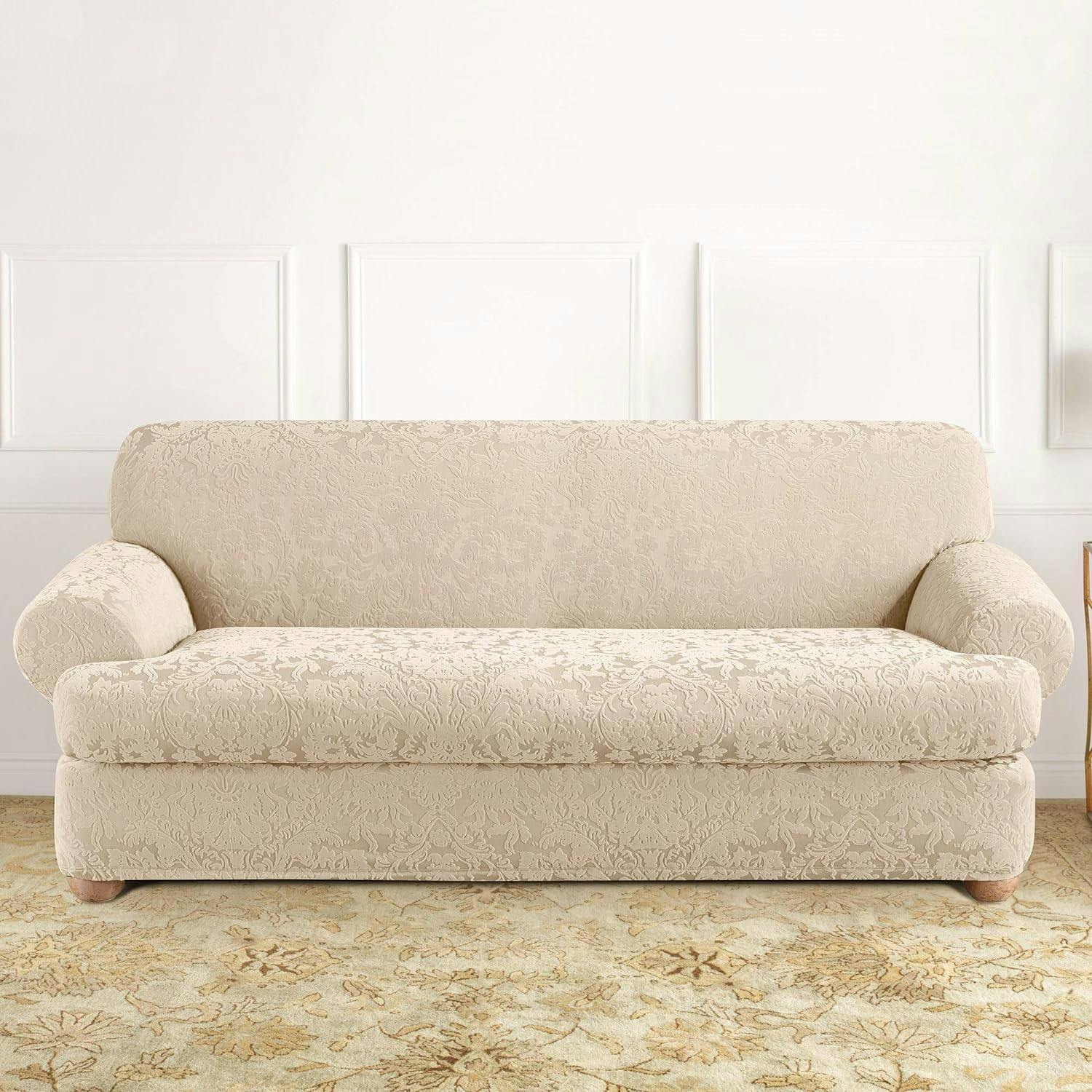 Regal Oyster Stretch Jacquard Damask T-Cushion Sofa Slipcover