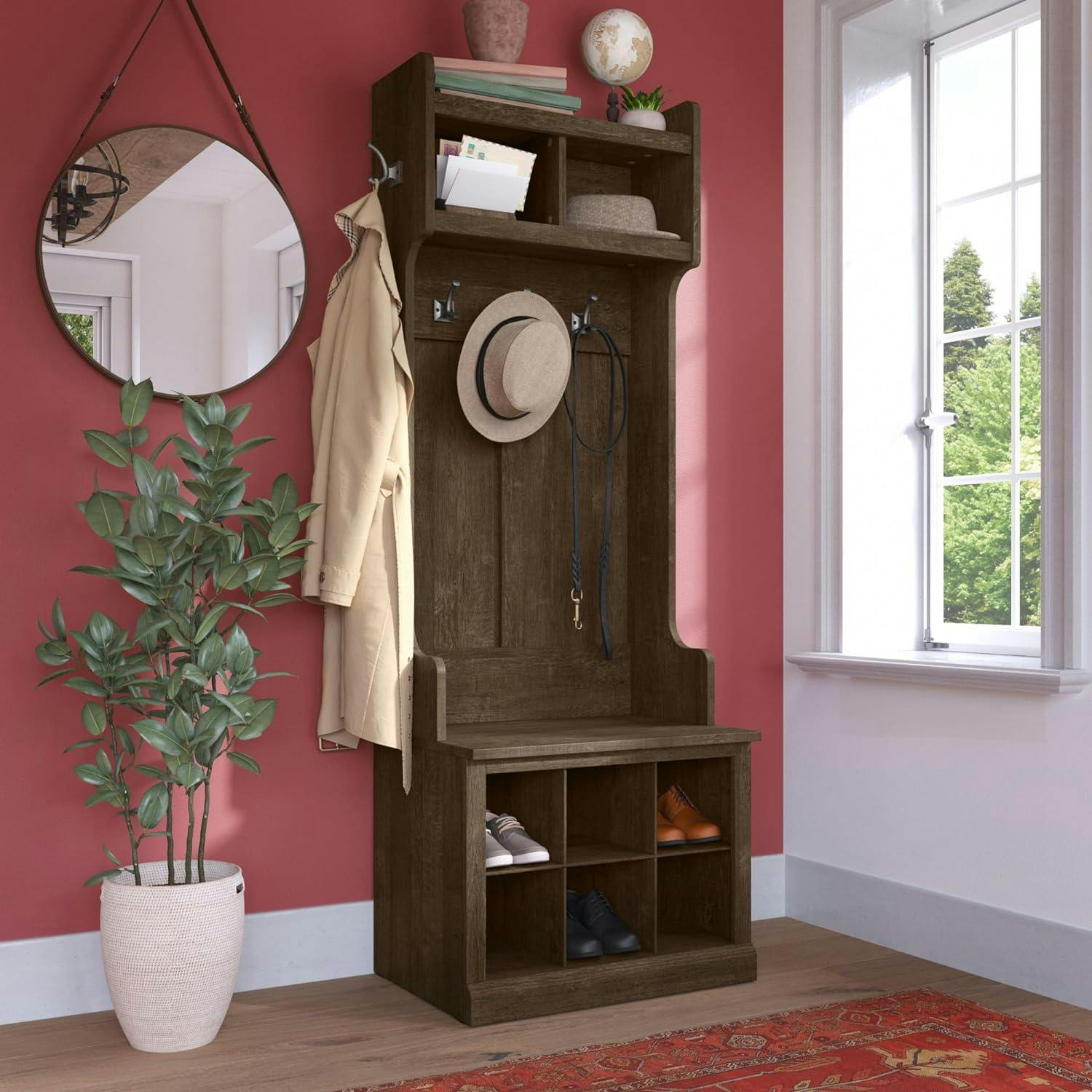 Ash Brown Transitional Hall Tree with Shoe Storage Bench and Shelves