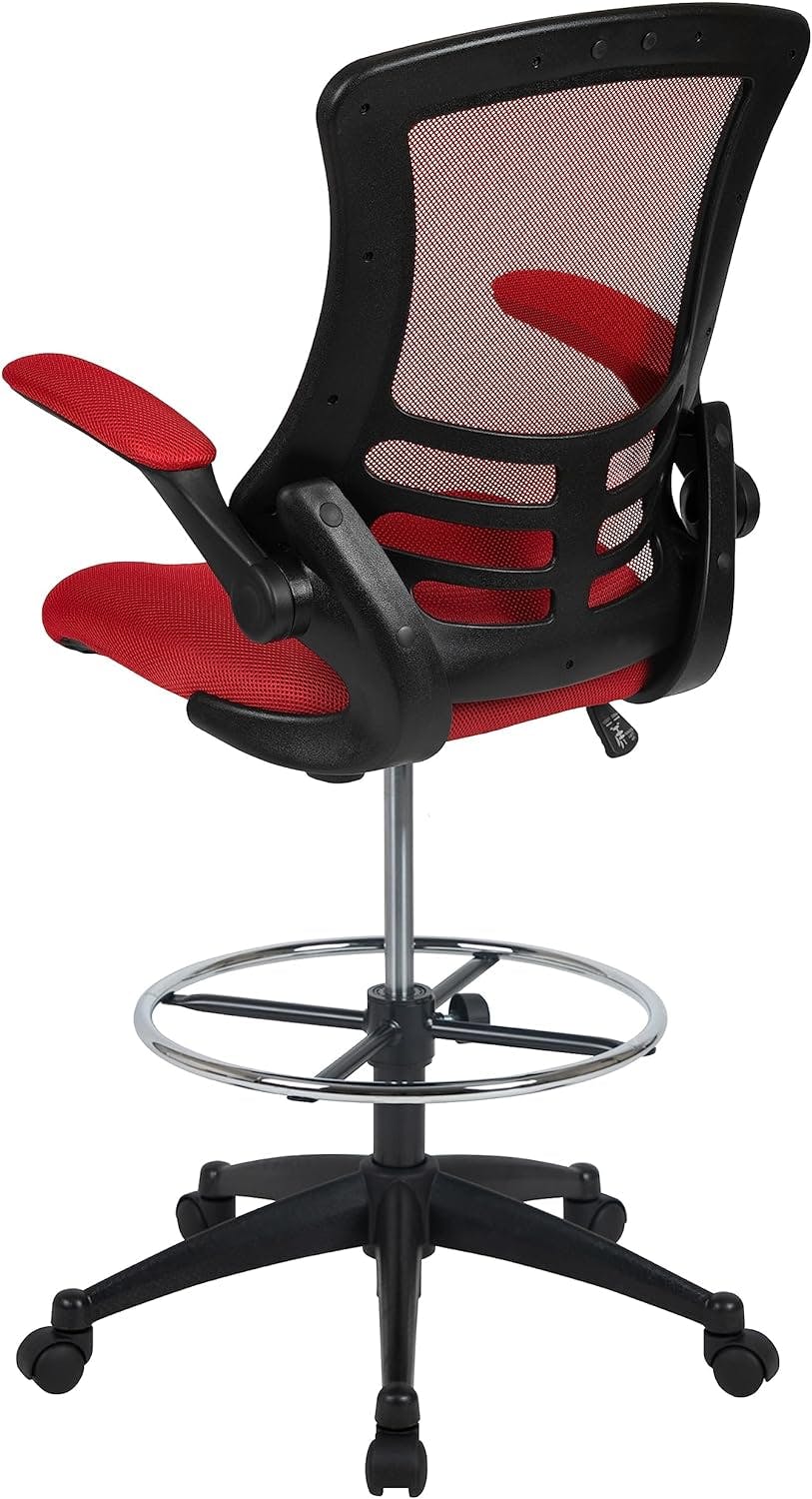 Kelista Mid-Back Red Mesh Drafting Chair with Adjustable Arms