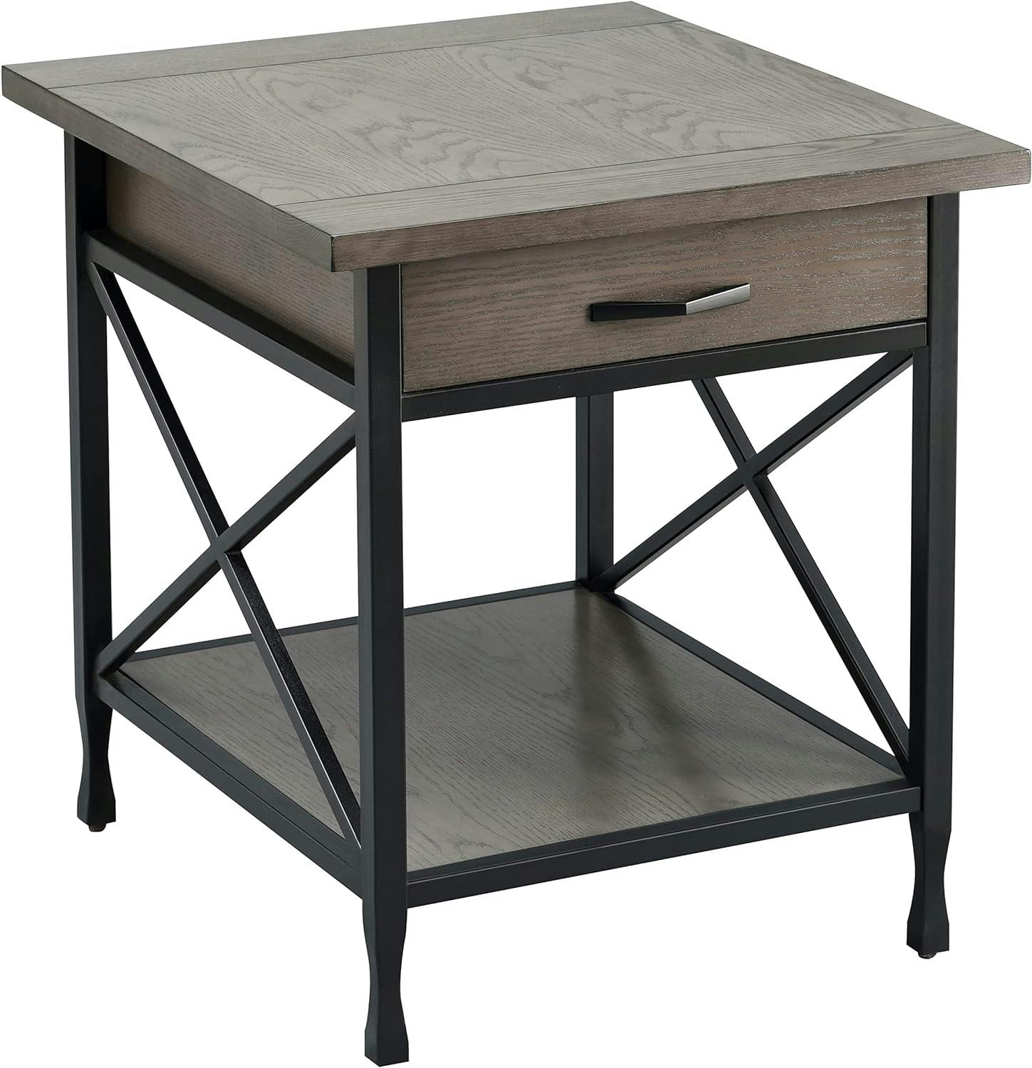 Smoky Gray Oak & Matte Black Metal Square Side Table with Storage