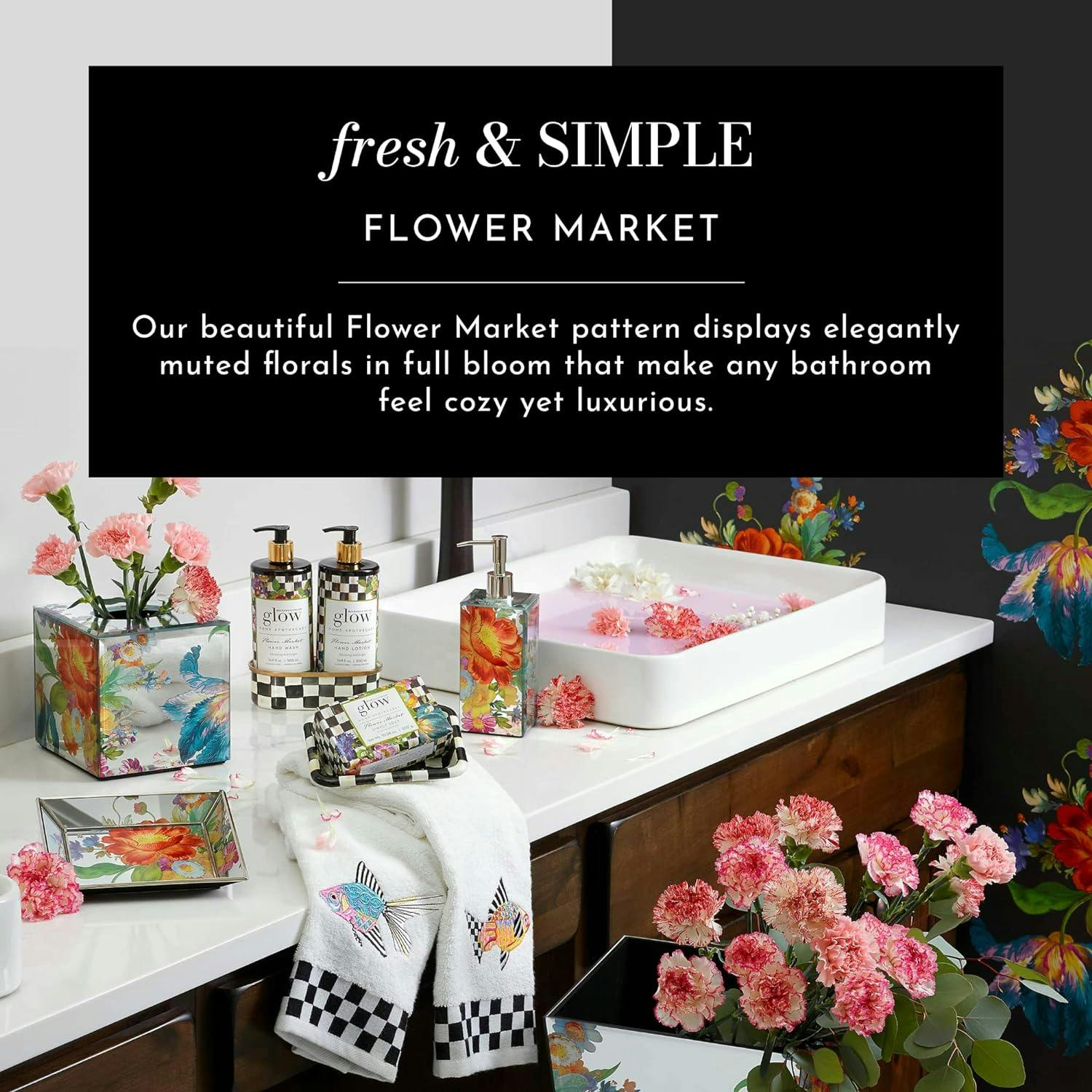 Black Flower Market Luxurious Cotton Bath Rug 22" x 36"