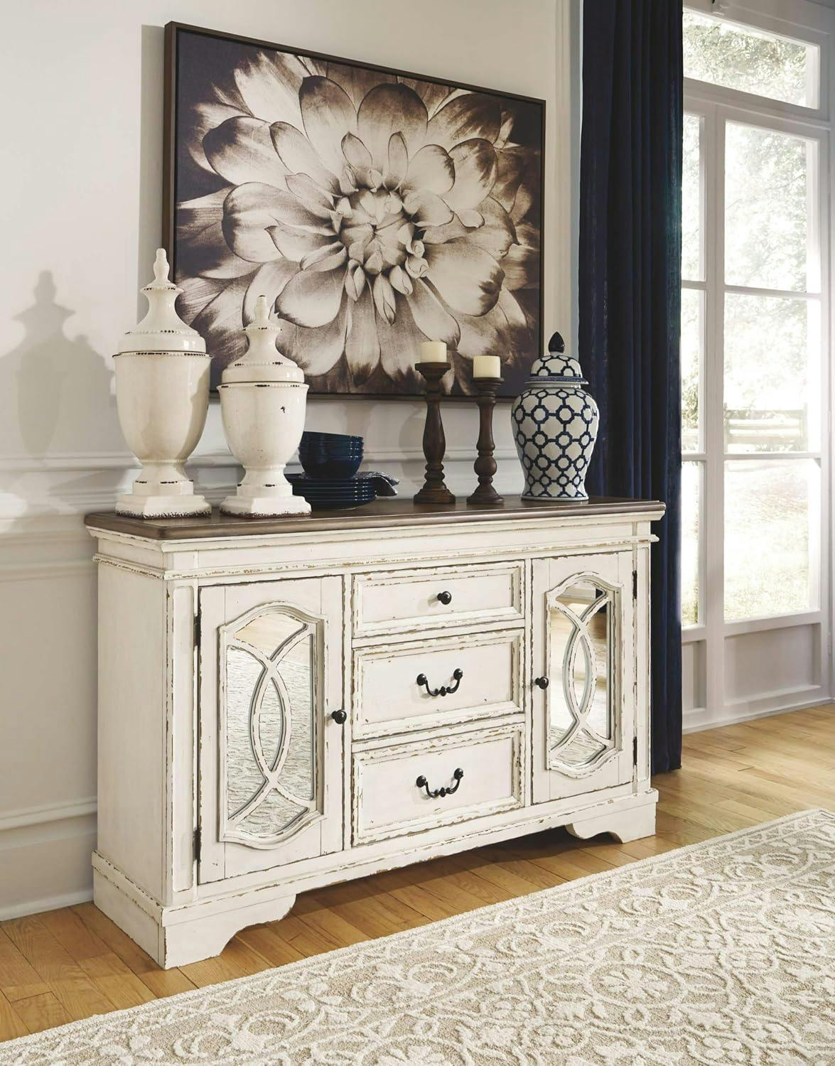 Chipped White and Distressed Wood Mirrored 59'' Rustic Sideboard