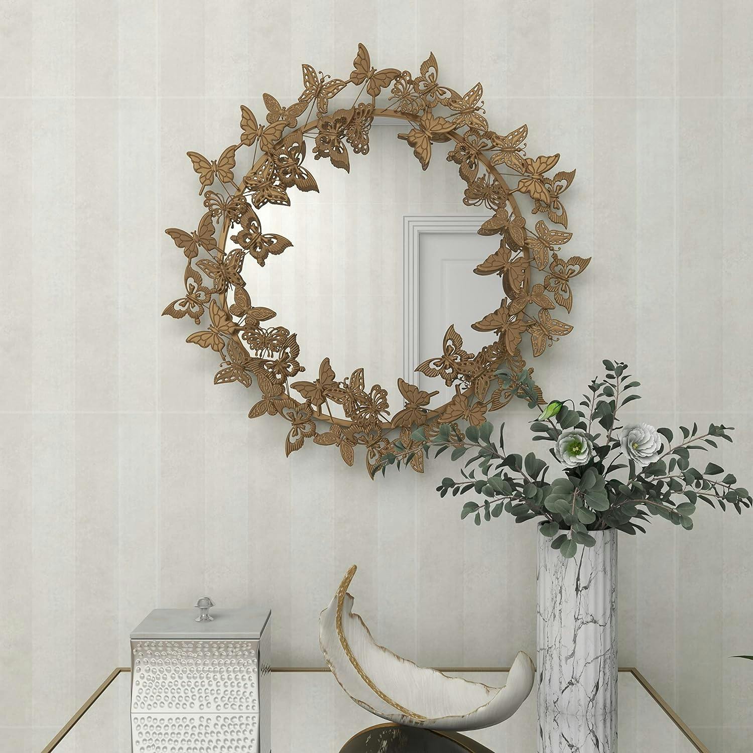 27.5" Round Wood & Gold 3D Butterfly Glam Wall Mirror