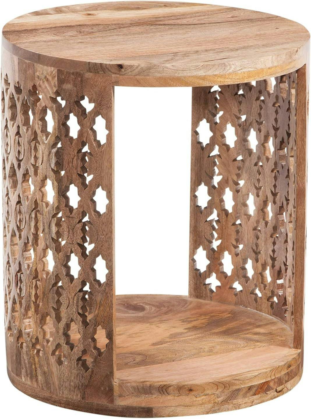Brinley Hand-Carved Rosette Round End Table in Natural Mango Wood