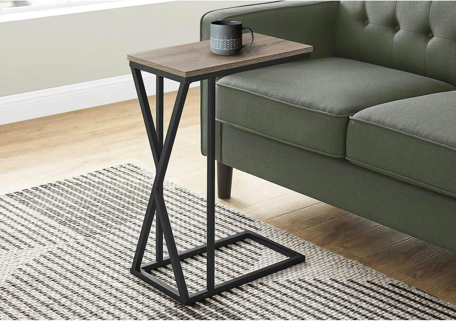 Modern Contemporary C-Shaped Black Metal & Woodgrain Accent Table