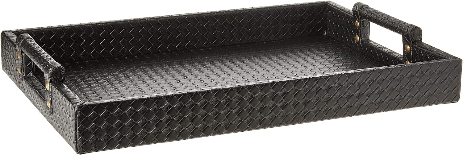 Sleek Black Faux Leather Serving Tray with Easy-Carry Handles