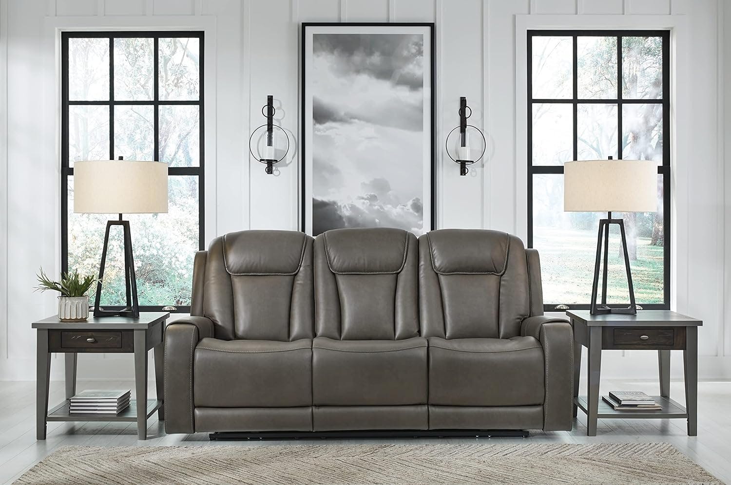 Contemporary Gray 85'' Faux Leather Power Reclining Sofa with Cup Holder