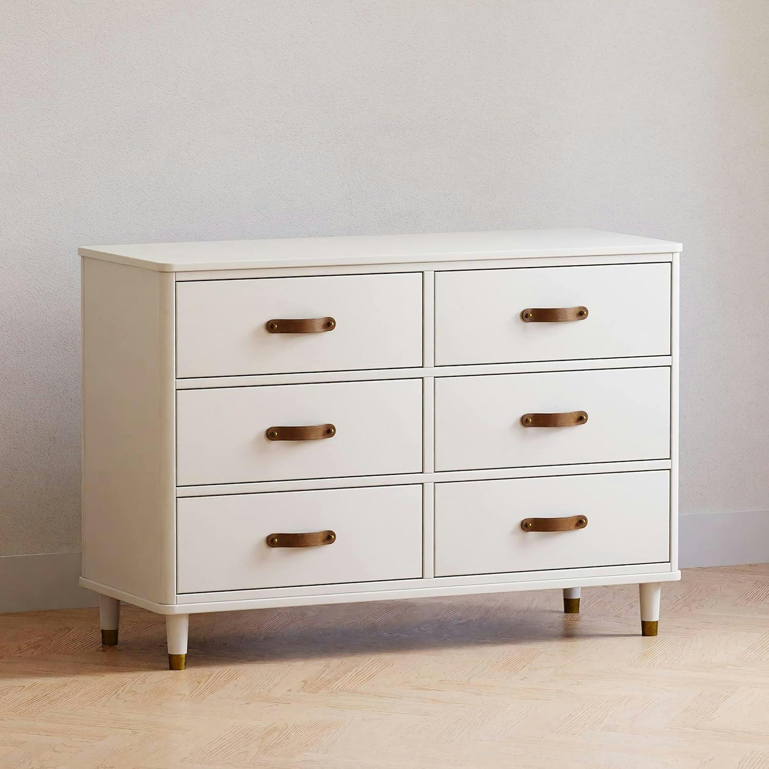 Warm White Tanner Classic 6-Drawer Dresser with Leather Handles