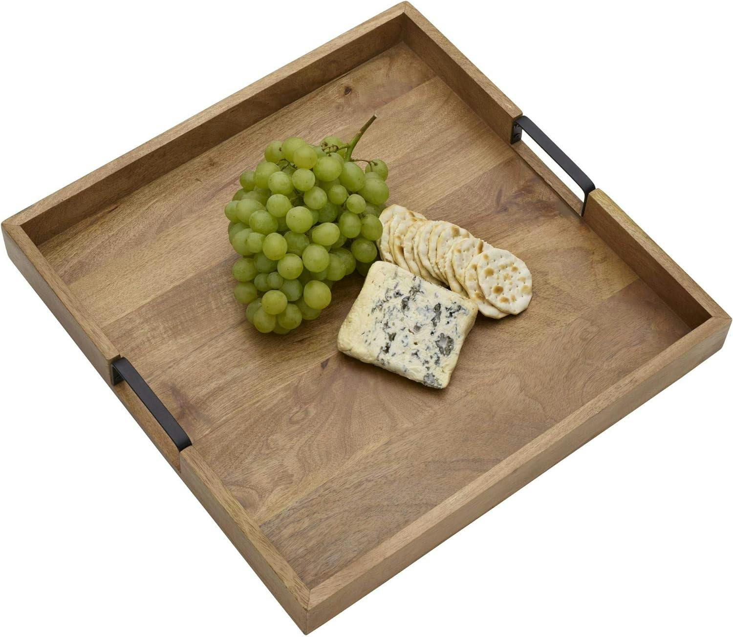 Mango Wood Square Lazy Susan with Wrought Iron Handles, 18-Inch