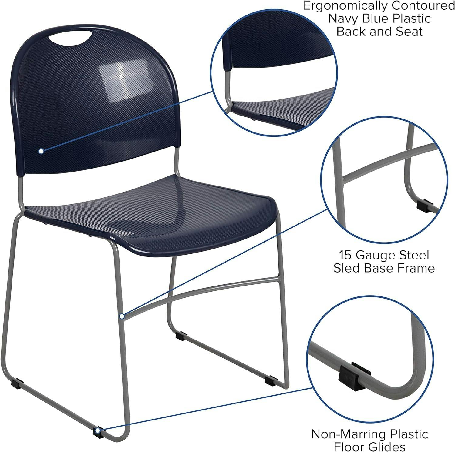 Modern Sleek Silver Metal Stackable Chair with Navy Seat