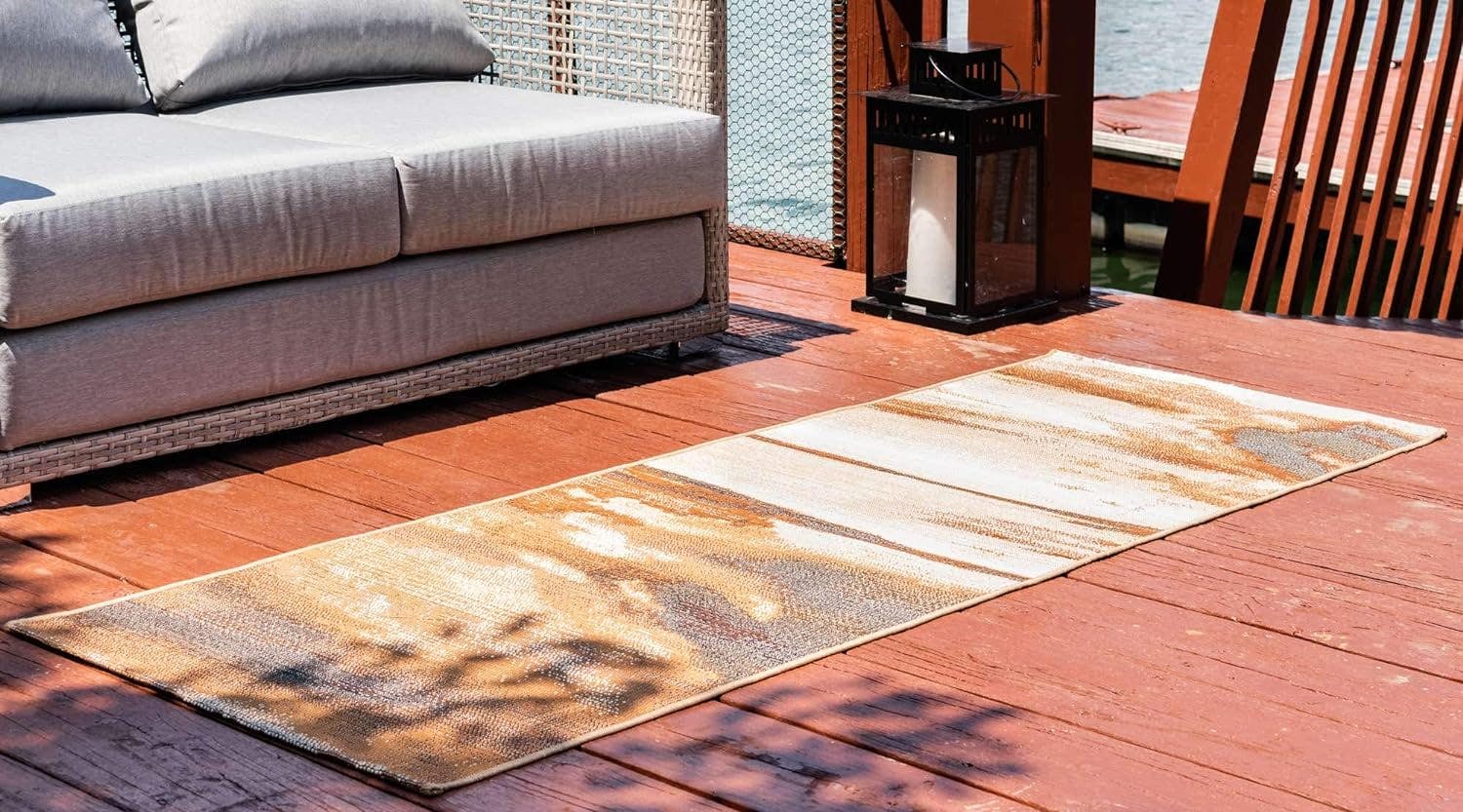 Fluid Abstract Brown and Gray Outdoor Runner Rug - 2' x 6'