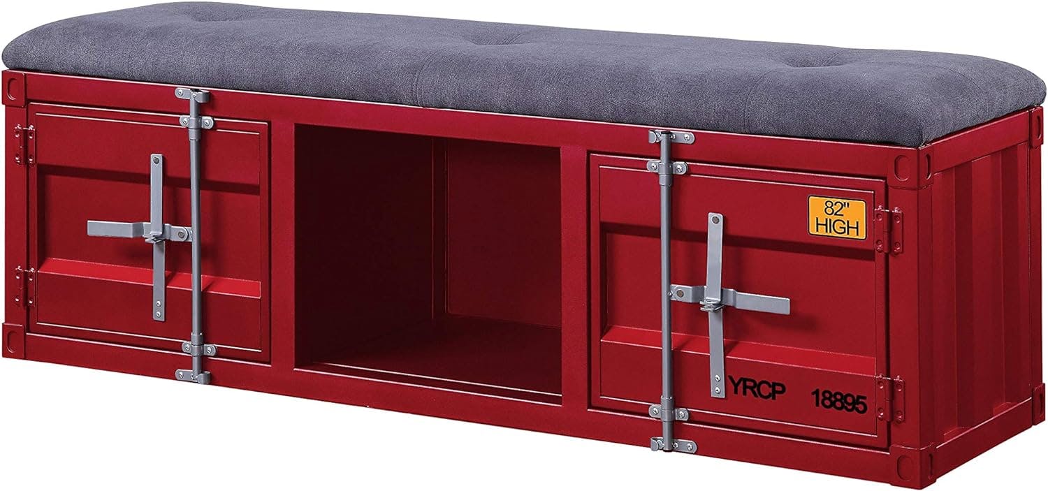 Konto Industrial Gray Fabric & Red Metal Storage Bedroom Bench