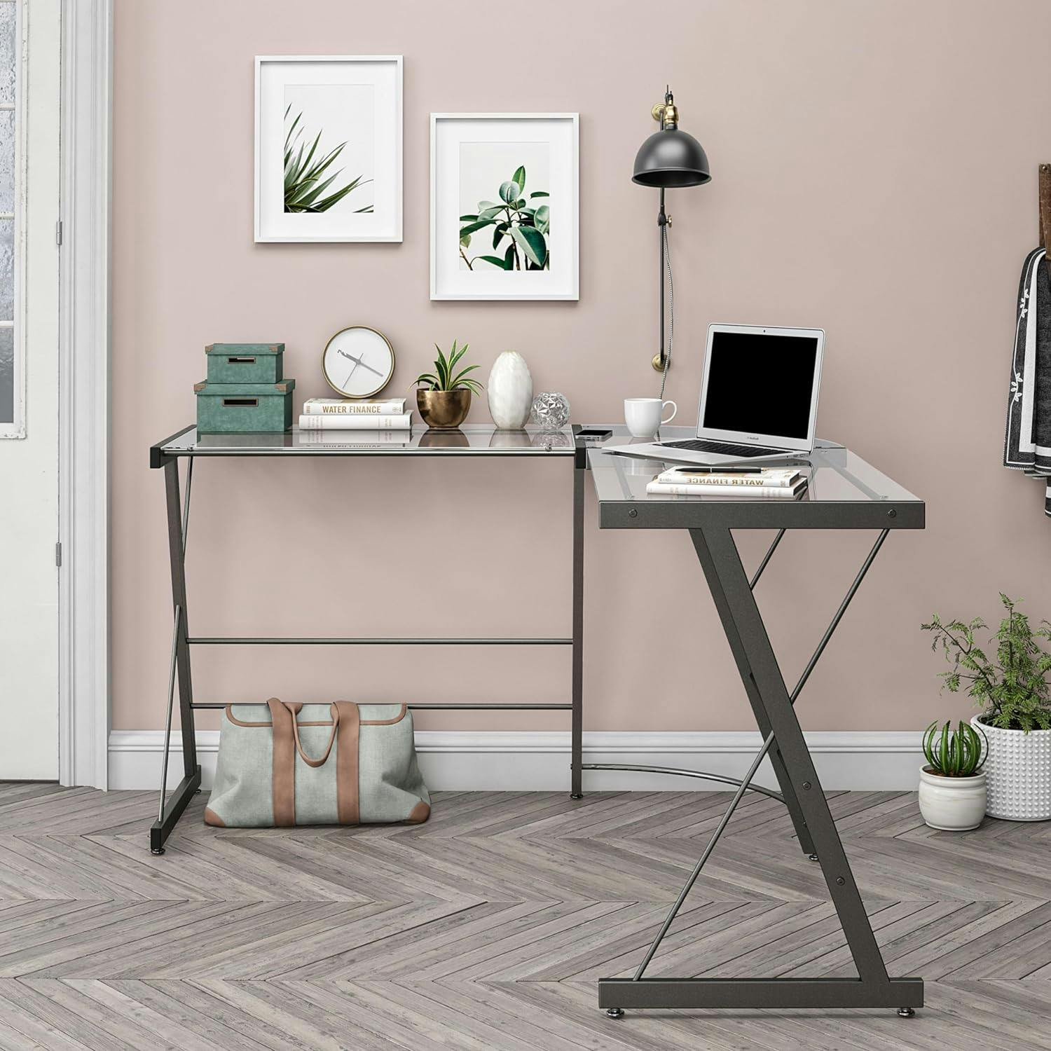Modern Gray Glass L-Shaped Home Office Computer Desk