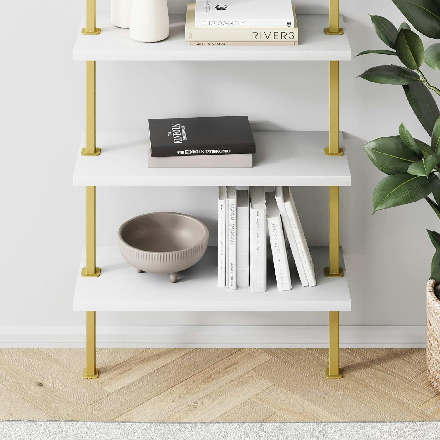 Eloise White and Gold 6-Tier Wood Ladder Bookshelf