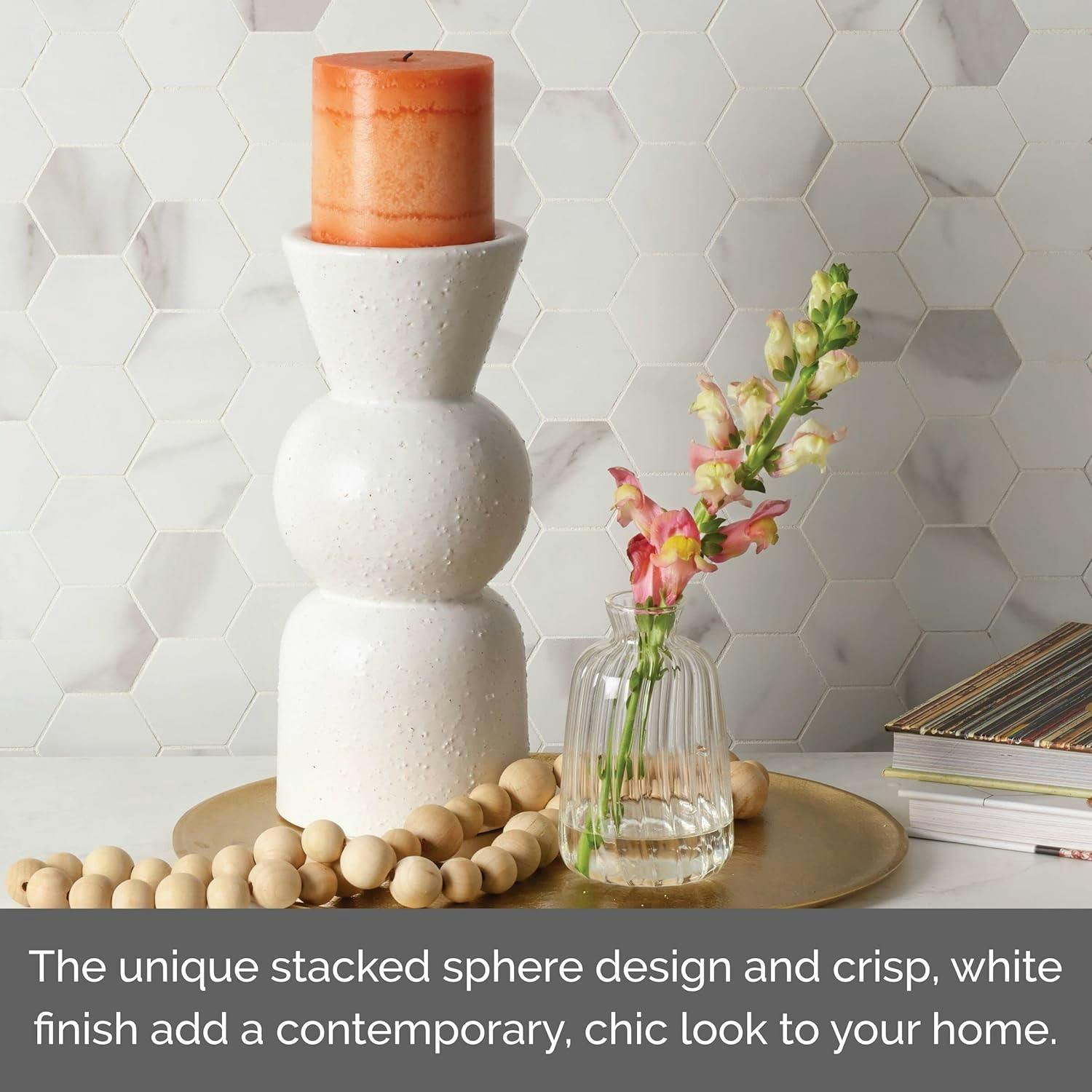Elegant White Ceramic Sphere Candlestick, 9 Inch