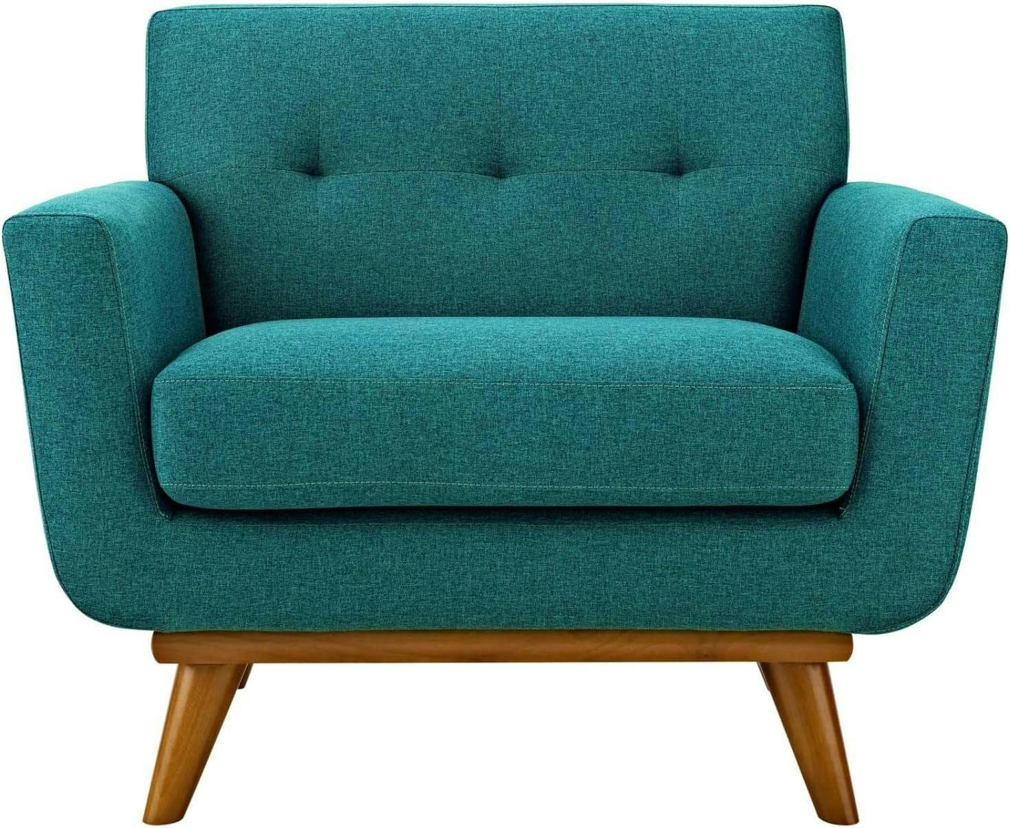 Teal Blue Plush Fabric Accent Armchair with Cherry Wood Legs