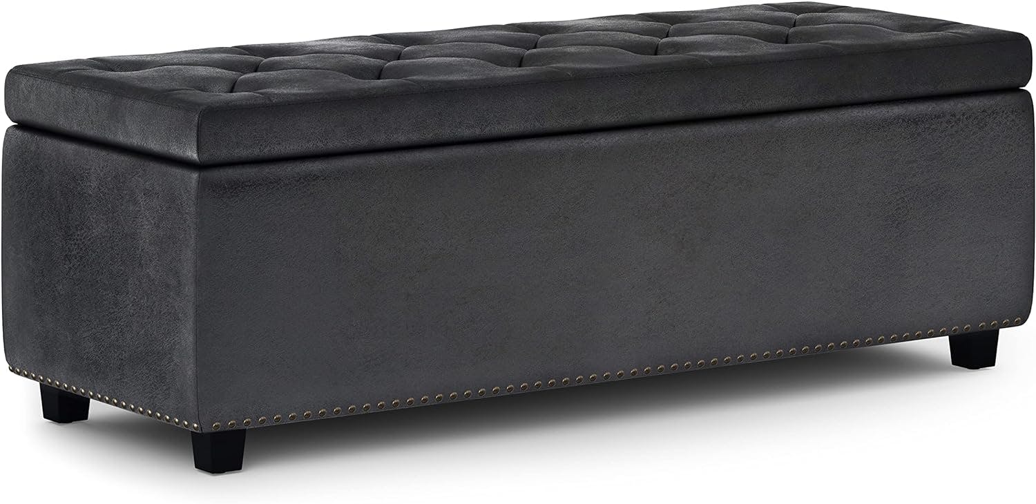 Hamilton Distressed Black Tufted Faux Leather Large Storage Ottoman