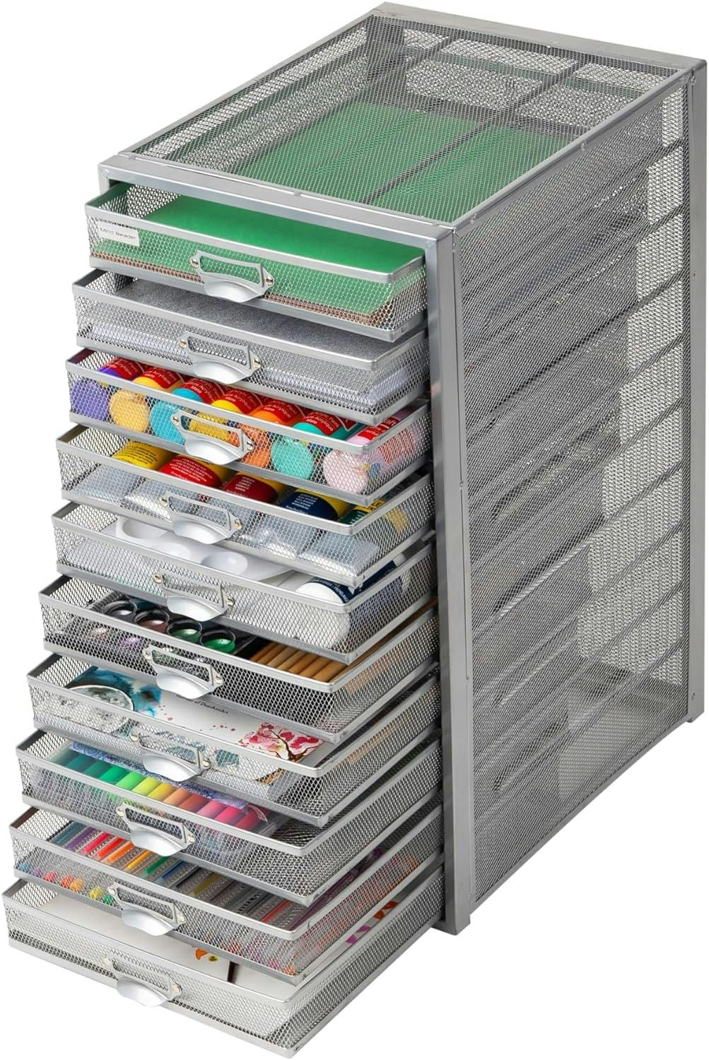 Sleek Silver Metal Mesh 10-Drawer Desktop Organizer Cabinet