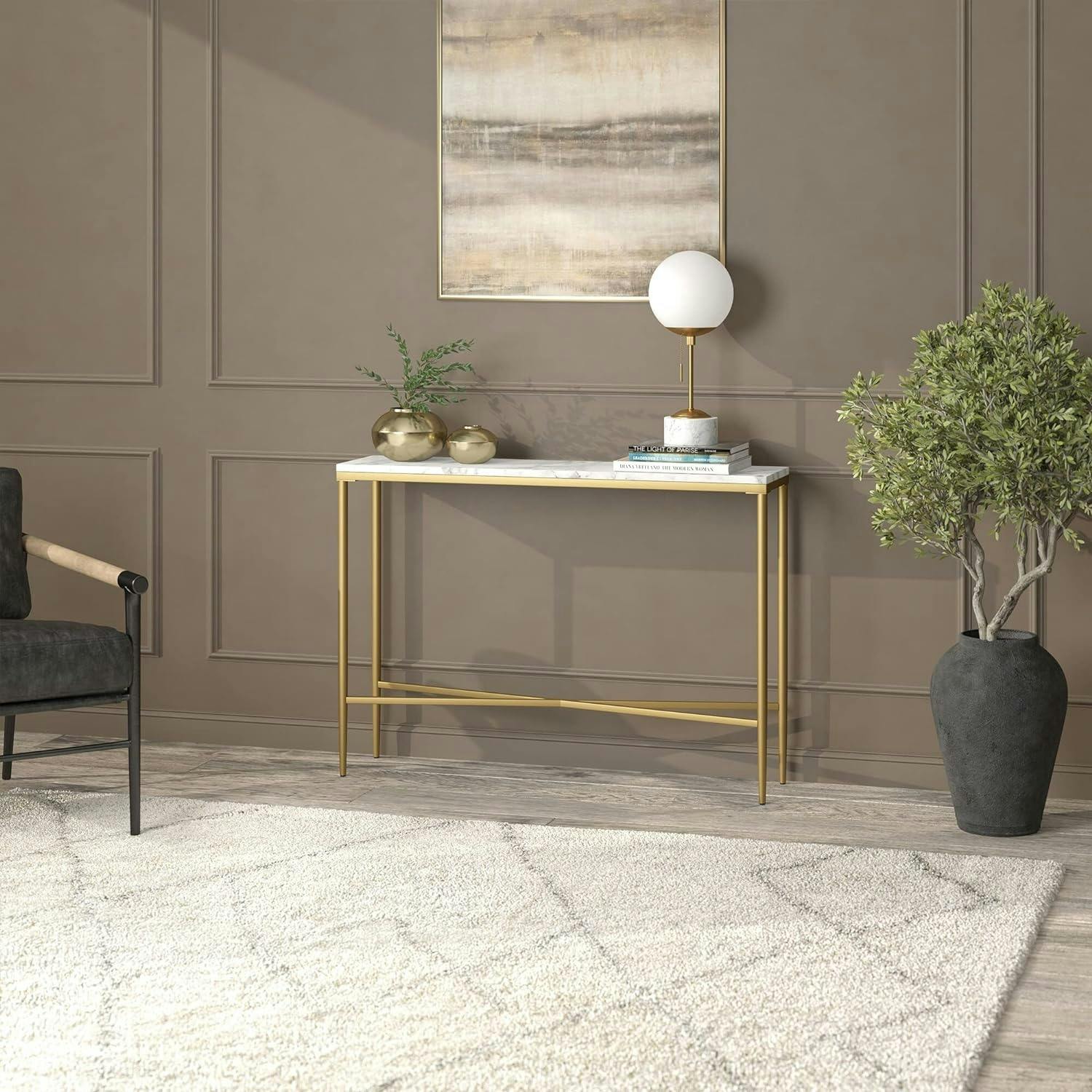 Huxley 42" Brass and Faux Marble Slim Console Table