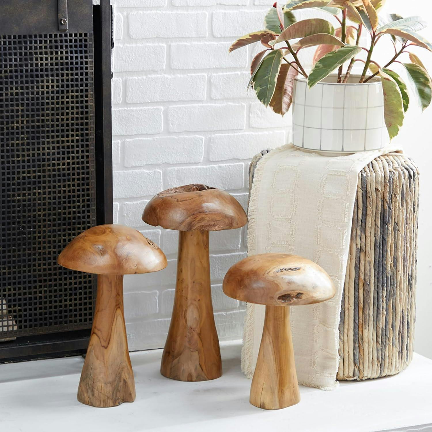 Handcrafted Teak Wood Mushroom Sculptures in Natural Brown, Set of 3