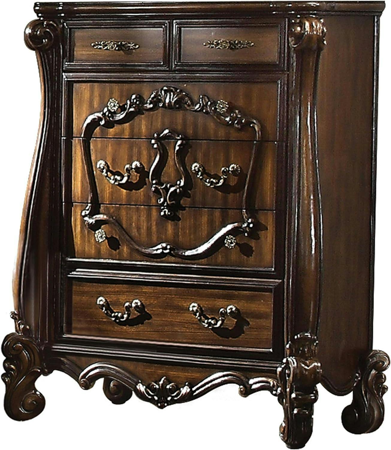 Versailles Cherry Oak 5-Drawer Wood Chest with Intricate Carvings